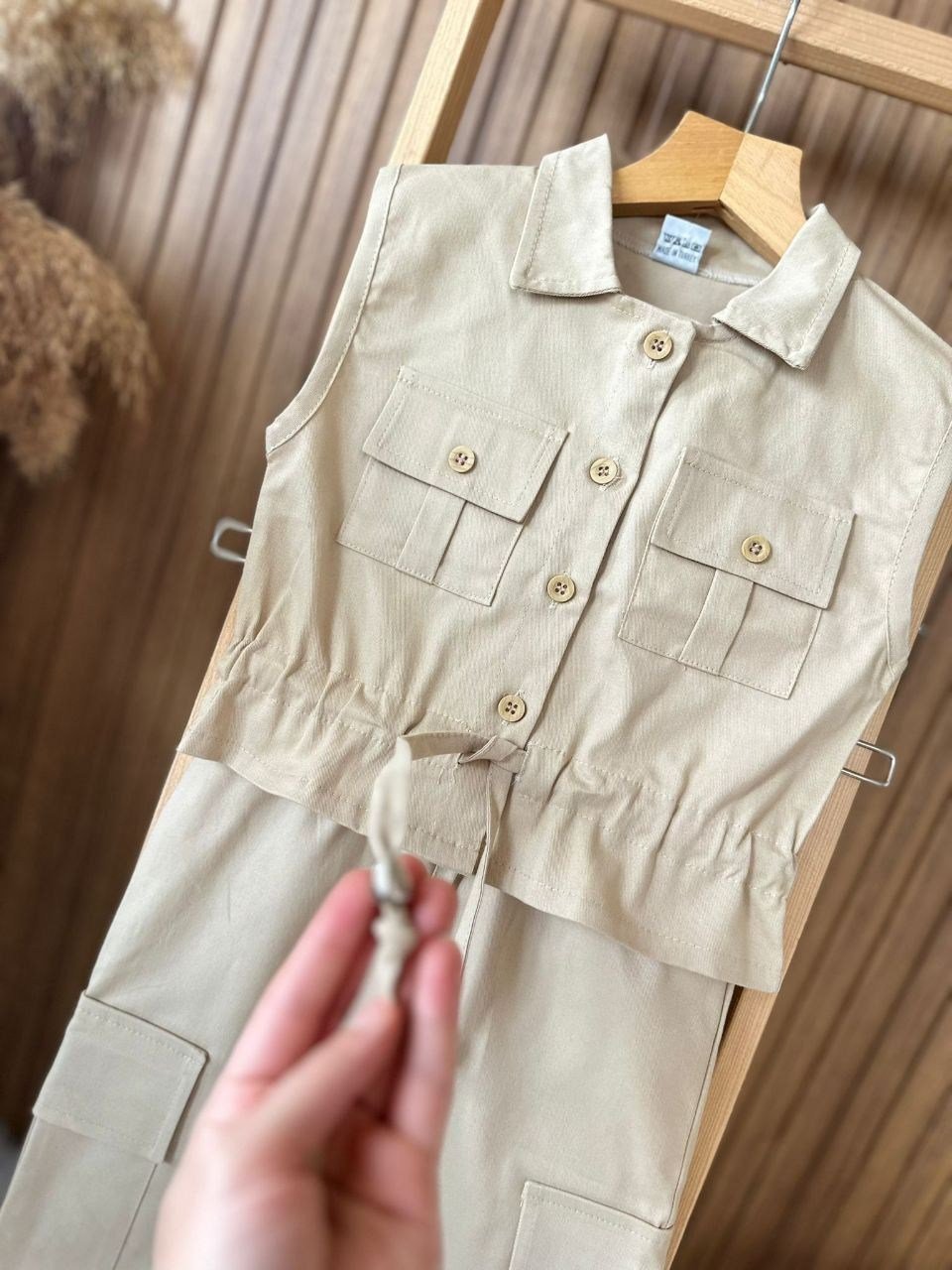 Kız Çocuk Gabardin Yelek & Kargo Cepli Pantolonlu Takım