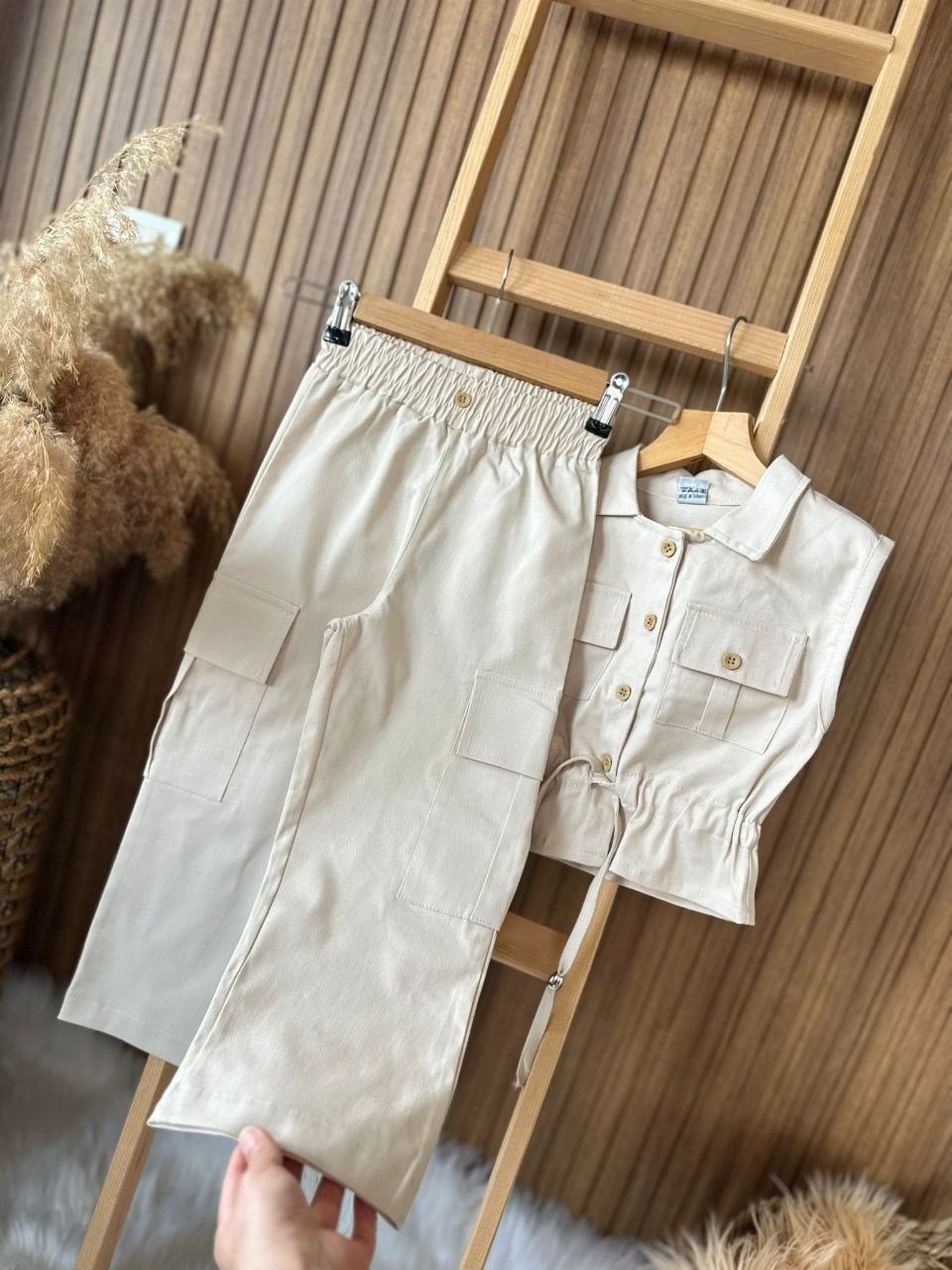 Kız Çocuk Gabardin Yelek & Kargo Cepli Pantolonlu Takım