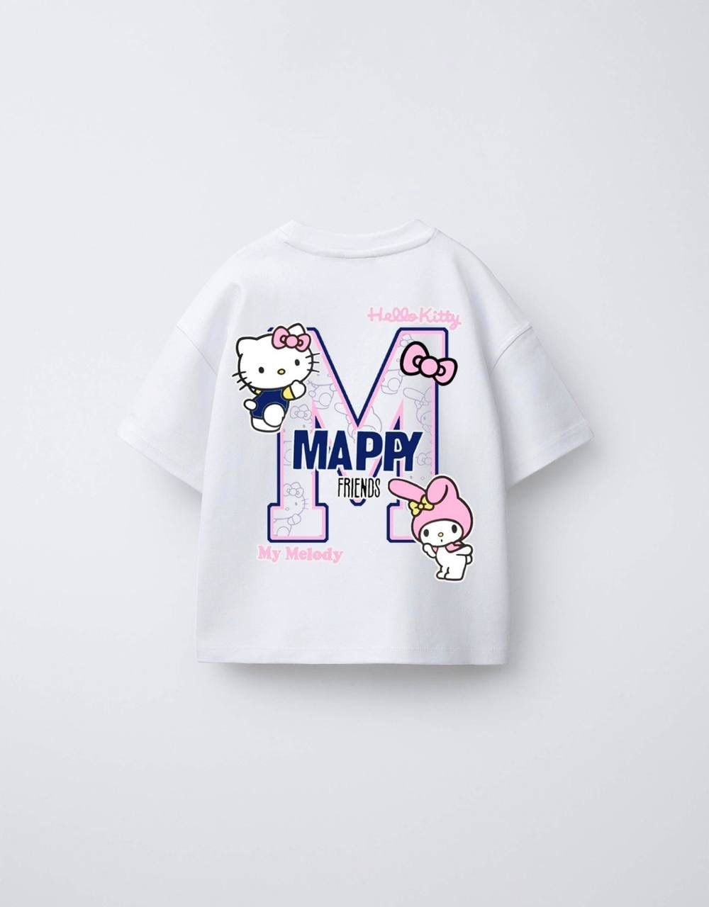 Kız Çocuk Hello Kitty Ön Arka Baskılı Oversize Tshirt Beyaz