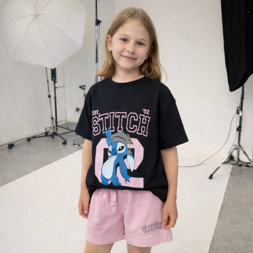 Kız Çocuk Stitch Baskılı Şortlu Takım