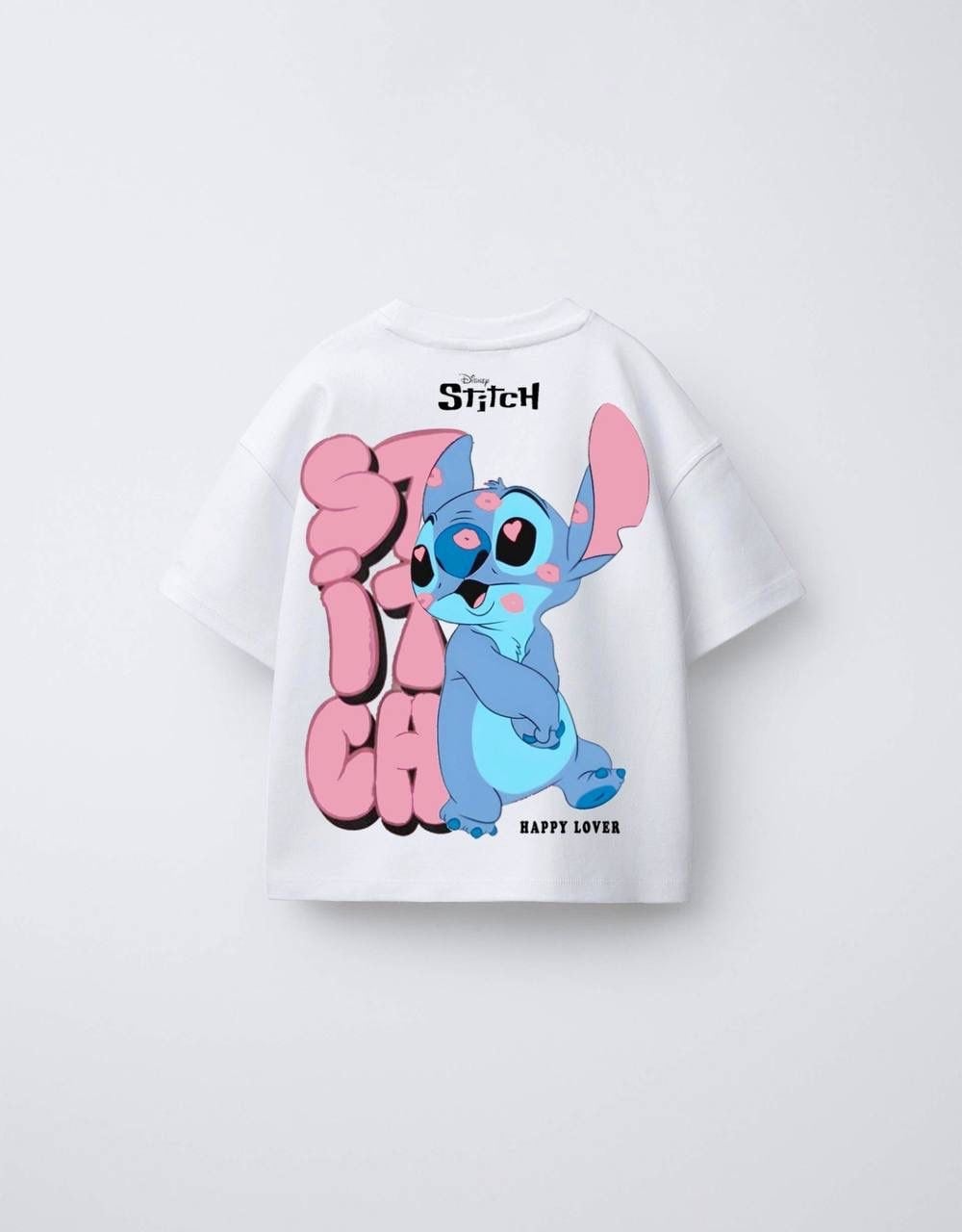 Kız Çocuk Stitch Ön Arka Baskılı Oversize Tshirt Beyaz