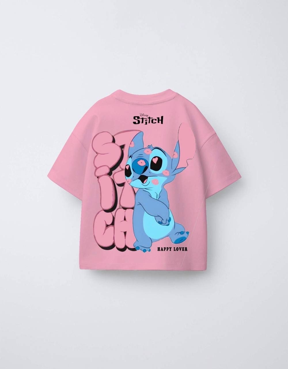 Kız Çocuk Stitch Ön Arka Baskılı Oversize Tshirt Pembe