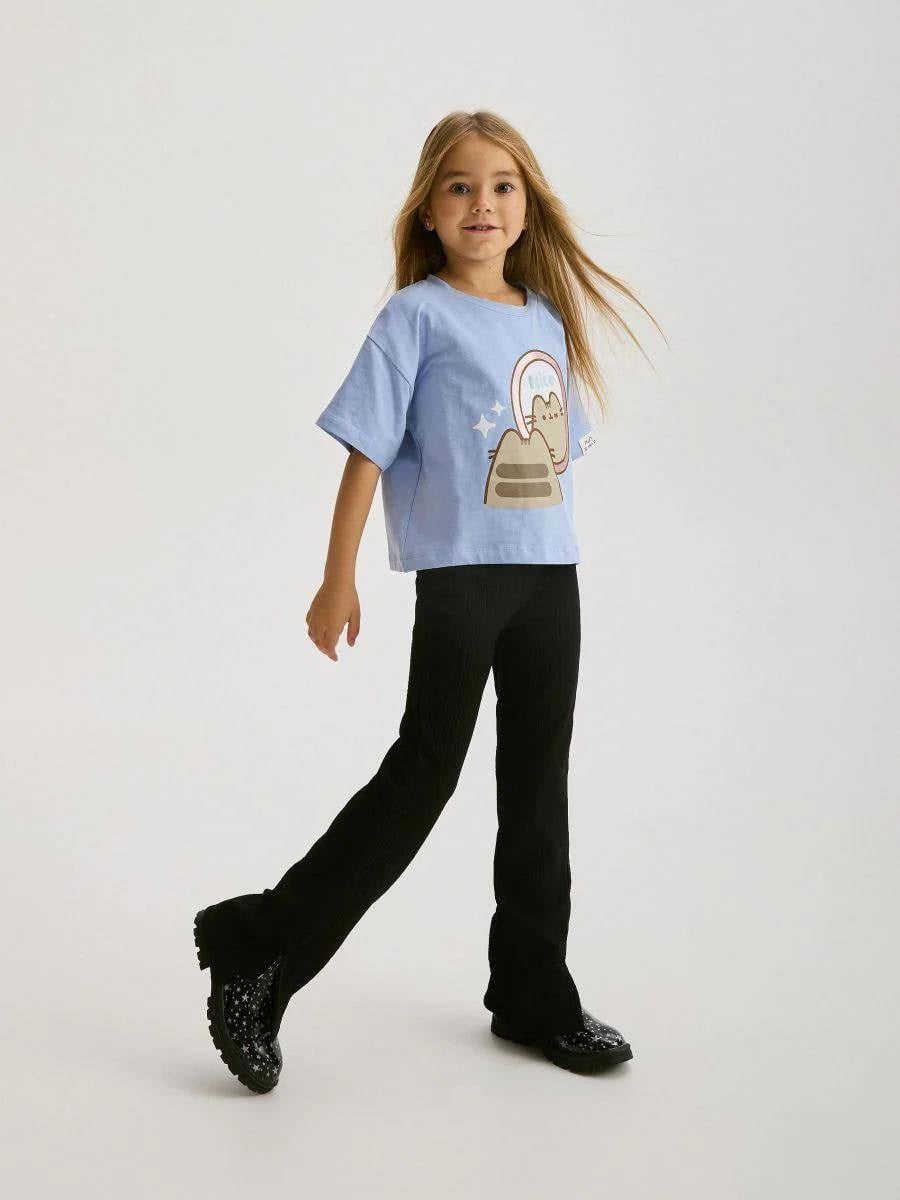 Oversize Baskılı Crop T-shirt Mavi