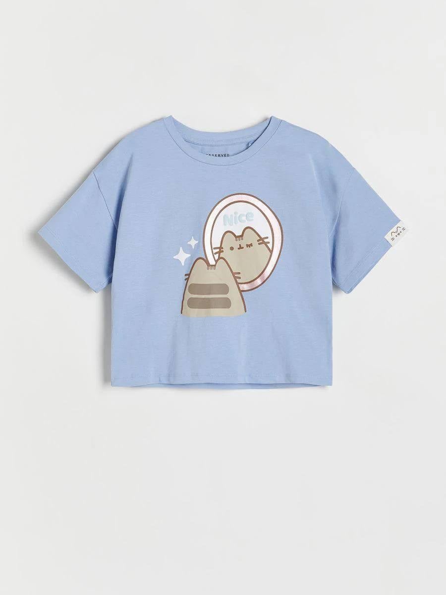 Oversize Baskılı Crop T-shirt Mavi