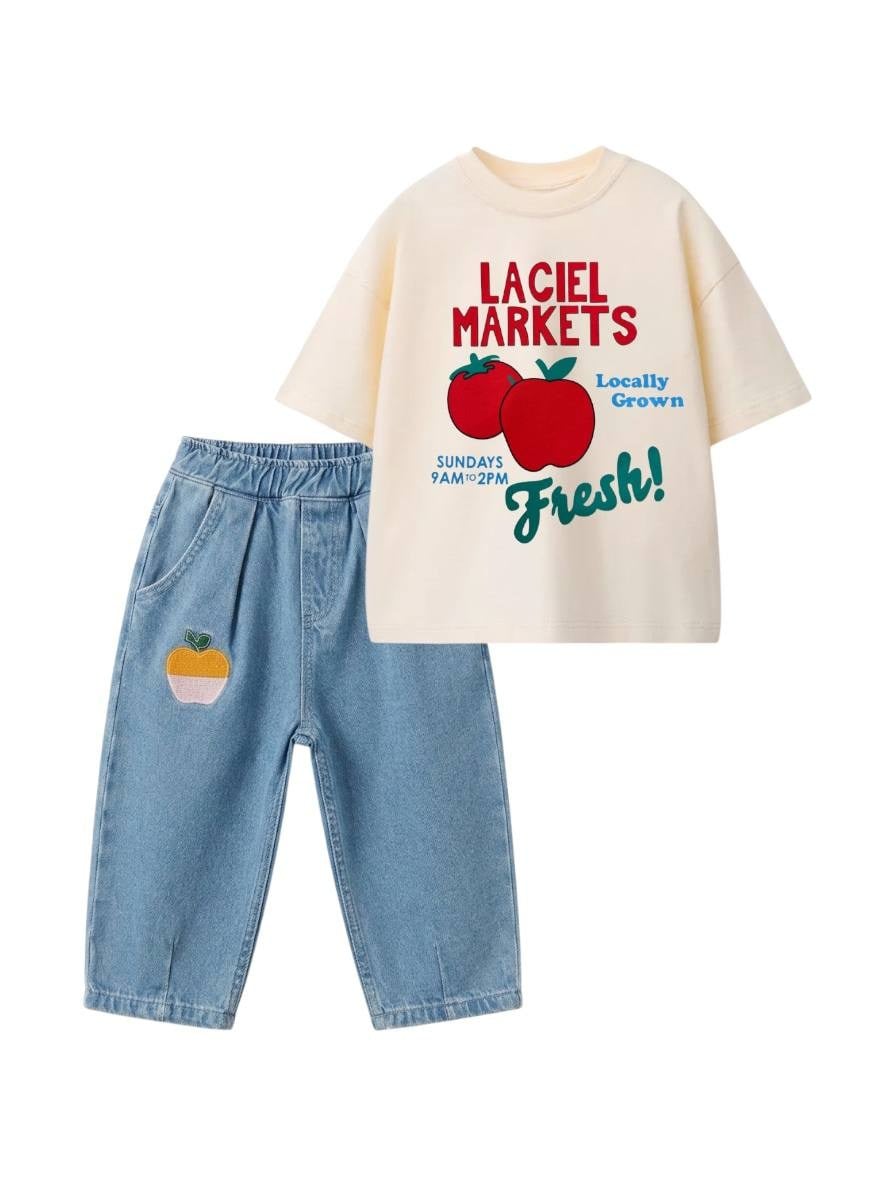 Oversize Elma Baskılı  T-shirt Ekru
