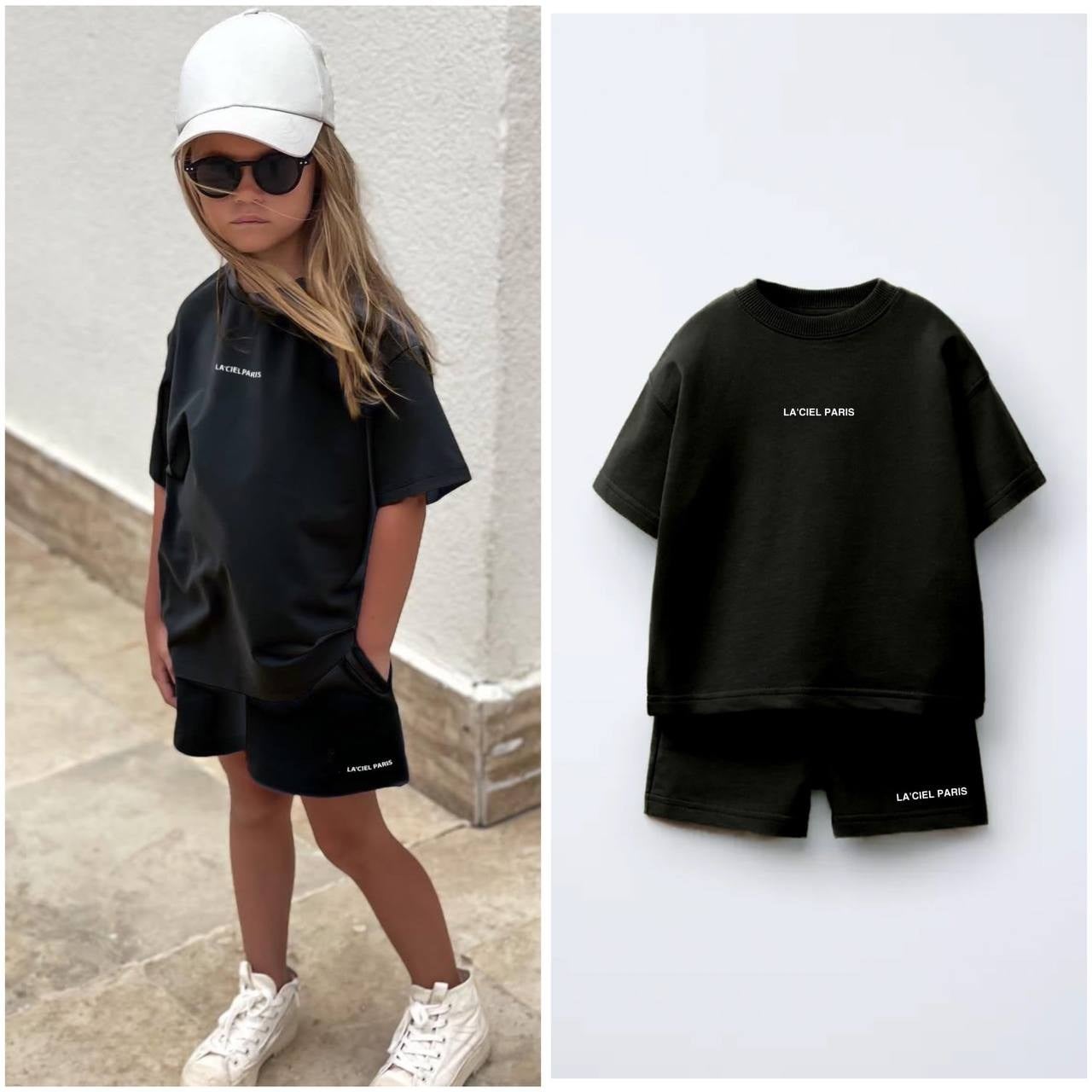 Oversize İnterlok Şortlu İkili Takım Siyah