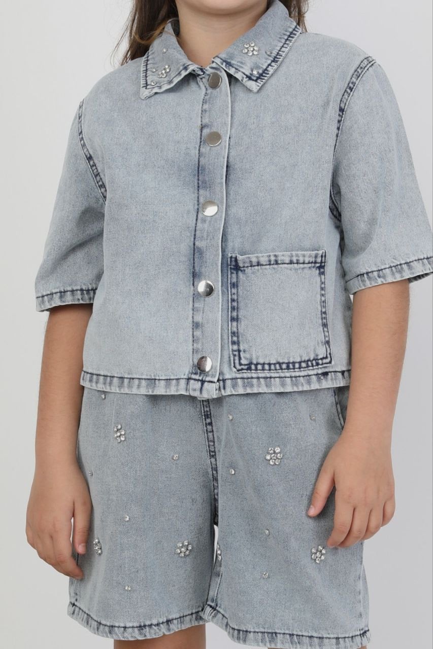 Taşlı Gömlek Şort İkili Denim Set Indigo