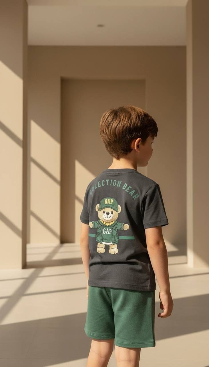 Teddy Baskılı Erkek Çocuk Şortlu İkili Takım Antrasit
