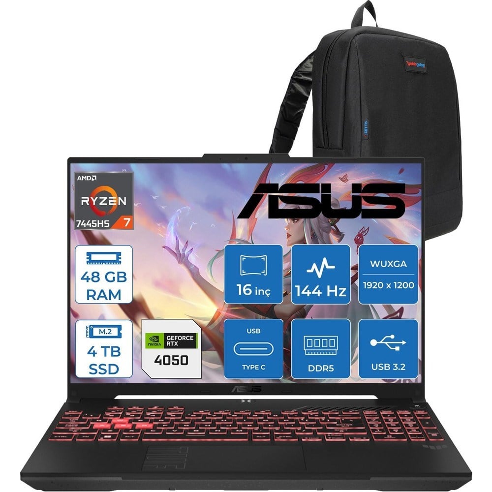 Asus Tuf Gaming A16 (FA607NUG-GAMING) Amd Ryzen™ 7 7445HS 48GB Ddr5 4tb SSD RTX4050/6GB 140W 16-Inch, Fhd+ 16:10 (1920 x 1200, Wuxga) 144Hz IPS Freedos Taşınabilir Bilgisayar RL125F20+ZETTAÇANTA