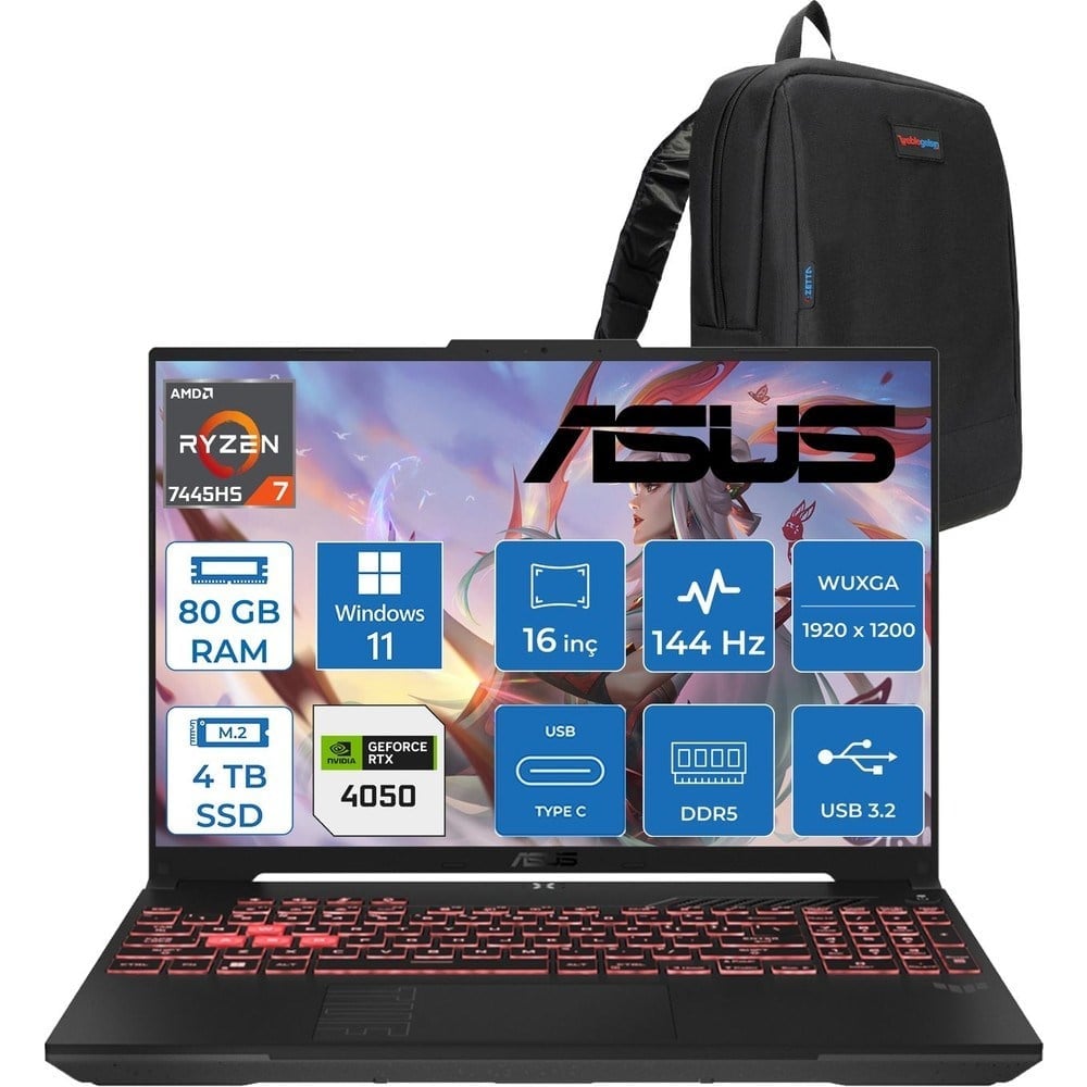 Asus Tuf Gaming A16 (FA607NUG-GAMING) Amd Ryzen™ 7 7445HS 80GB Ddr5 4tb SSD RTX4050/6GB 140W 16-Inch, Fhd+ 16:10 (1920 x 1200, Wuxga) 144Hz IPS WIN11PRO Taşınabilir Bilgisayar RL125P30+ZETTAÇANTA
