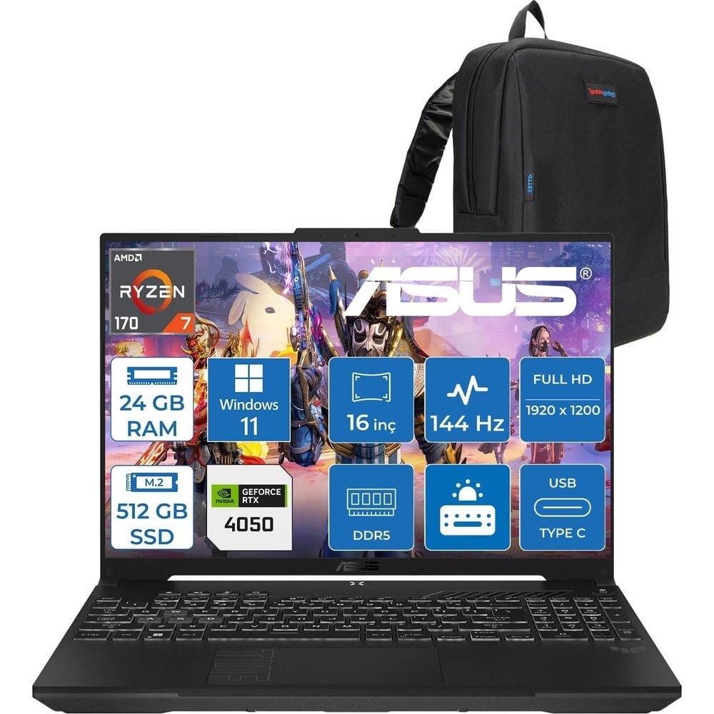 Asus Tuf Gaming A16 (FA607NUQ-GAMING) Amd Ryzen™ 7 170 24GB Ddr5 512GB SSD RTX4050/6GB 140W 16″/fhd+ 16:10 (1920 x 1200, Wuxga) 300 Nits, 144Hz, WIN11PRO Taşınabilir Bilgisayar RL028P07+ZETTAÇANTA