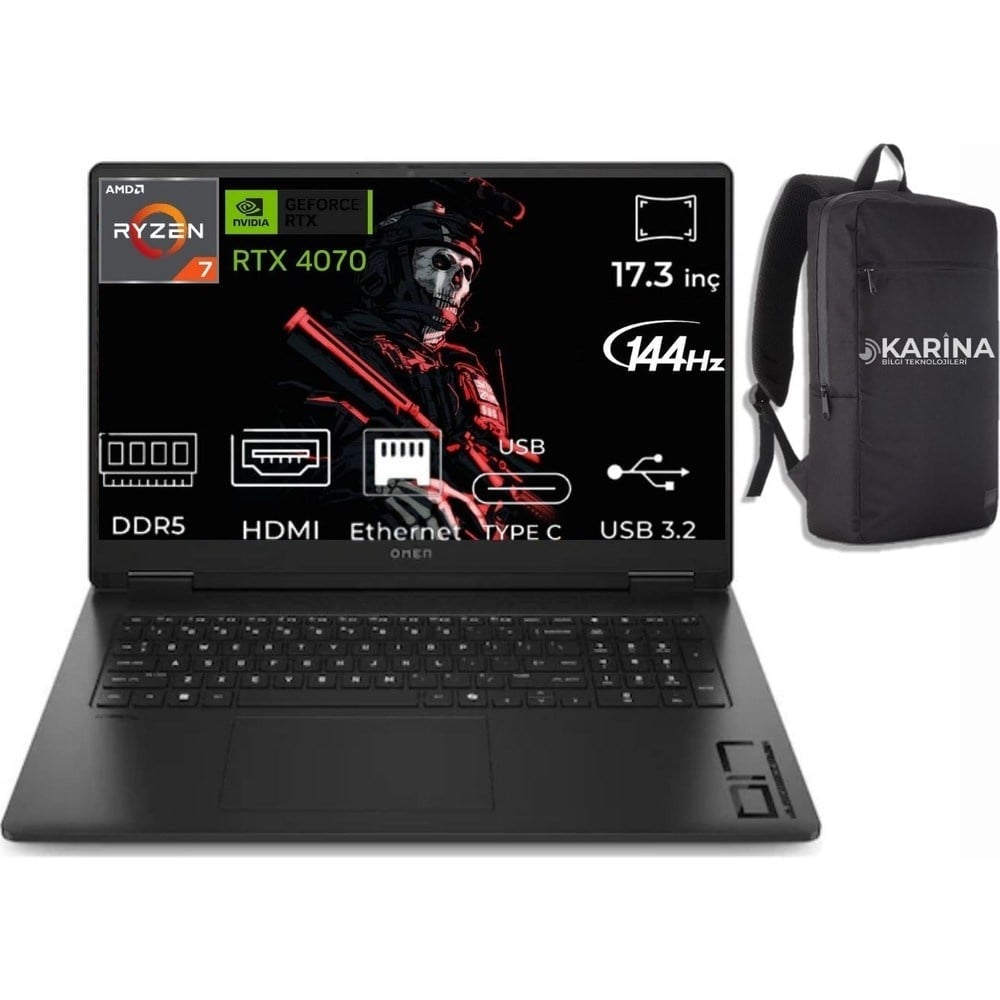 HP Omen 17-DB0019NT Amd Ryzen 7-8845HS A44QQEA-048 40GB 4tb+4tb Nvıdıa Geforce RTX4070 8gb Freedos 17.3 Inç Fhd Taşınabilir Bilgisayar