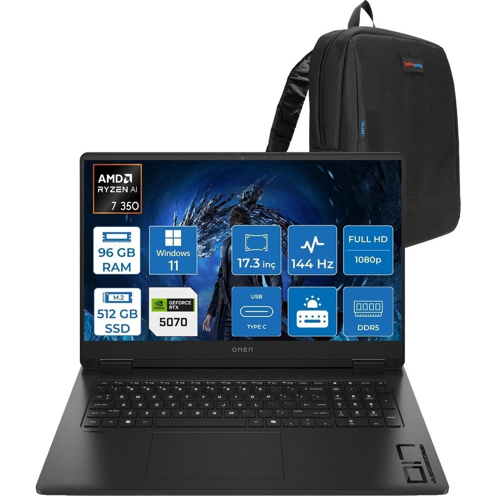 HP Omen 17-DB1005NT Amd Ryzen Aı 7 350 96GB Ddr5 512GB SSD RTX5070 8gb Gddr7 17.3 Inç Fullhd (1920 x 1080) 144Hz 7ms 300NITS IPS Windows 11 Pro Taşınabilir Bilgisayar C67G2EAP43 + Zetta Çanta
