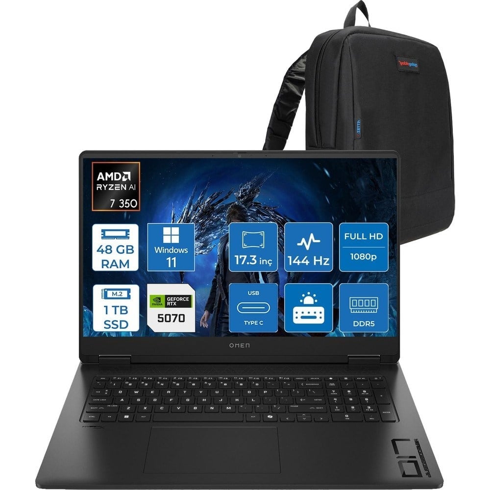 HP Omen 17-DB1005NT Amd Ryzen Aı 7 350 48GB Ddr5 1tb SSD RTX5070 8gb Gddr7 17.3 Inç Fullhd (1920 x 1080) 144Hz 7ms 300NITS IPS Windows 11 Pro Taşınabilir Bilgisayar C67G2EAP26 + Zetta Çanta