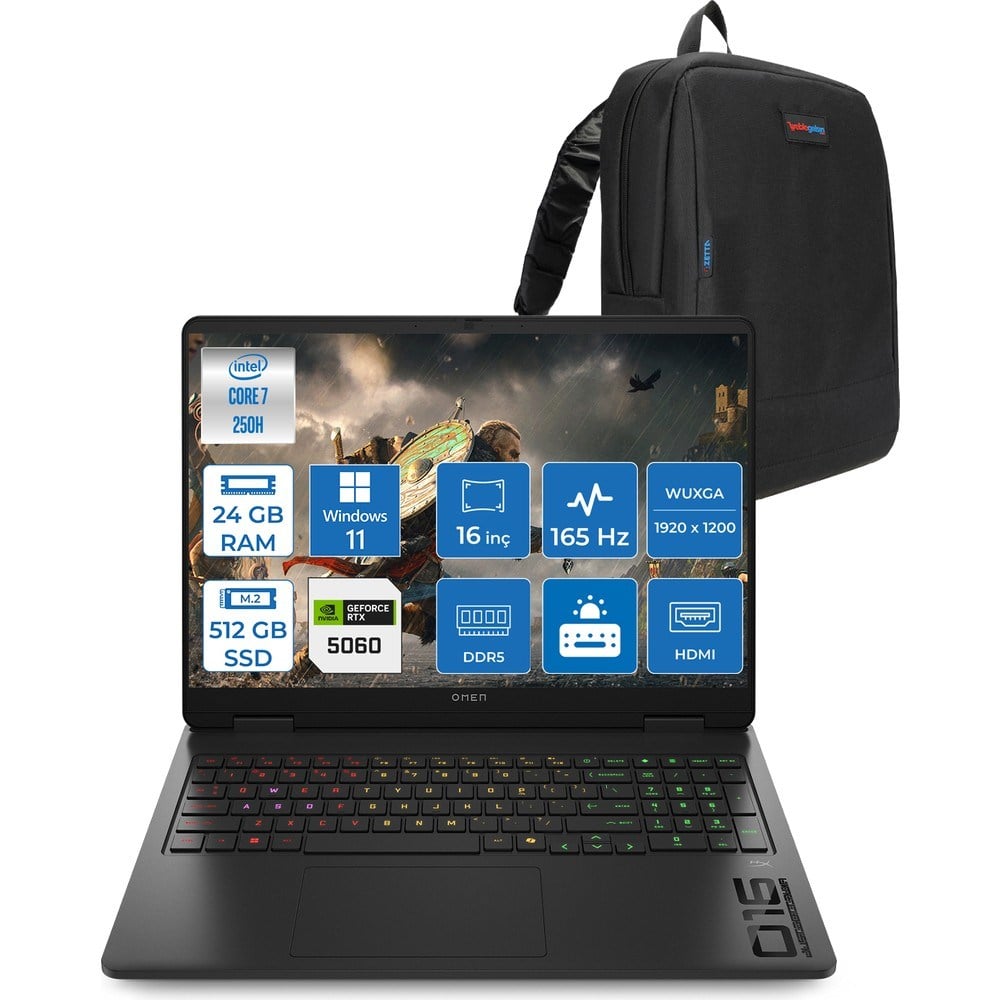 HP Omen Gaming Laptop Intel Core 7 250H Aı 24GB Ddr5 512GB SSD 8GB/RTX5060 Gddr7 16
