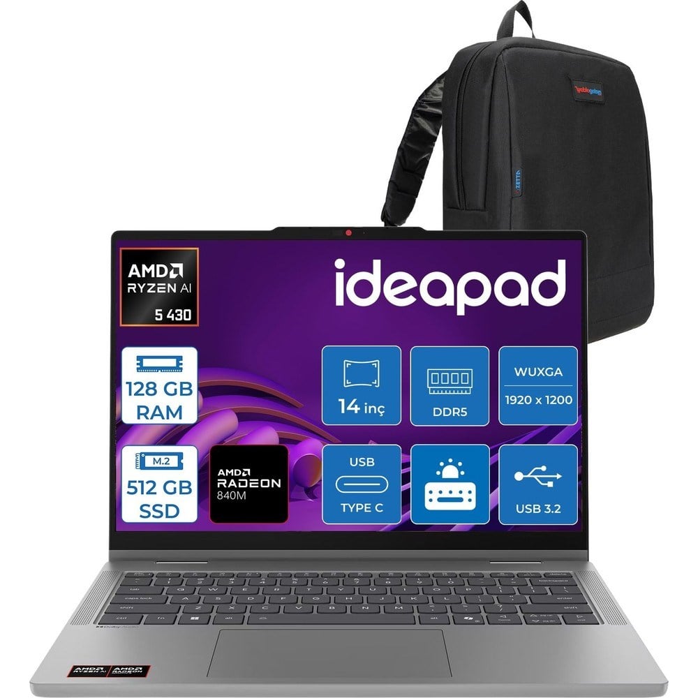 Lenovo Ideapad 5 2ın1 Amd Ryzen Aı 5 430 128GB Ddr5 512GB SSD Windows 11 Pro Amd Radeon 840M 14
