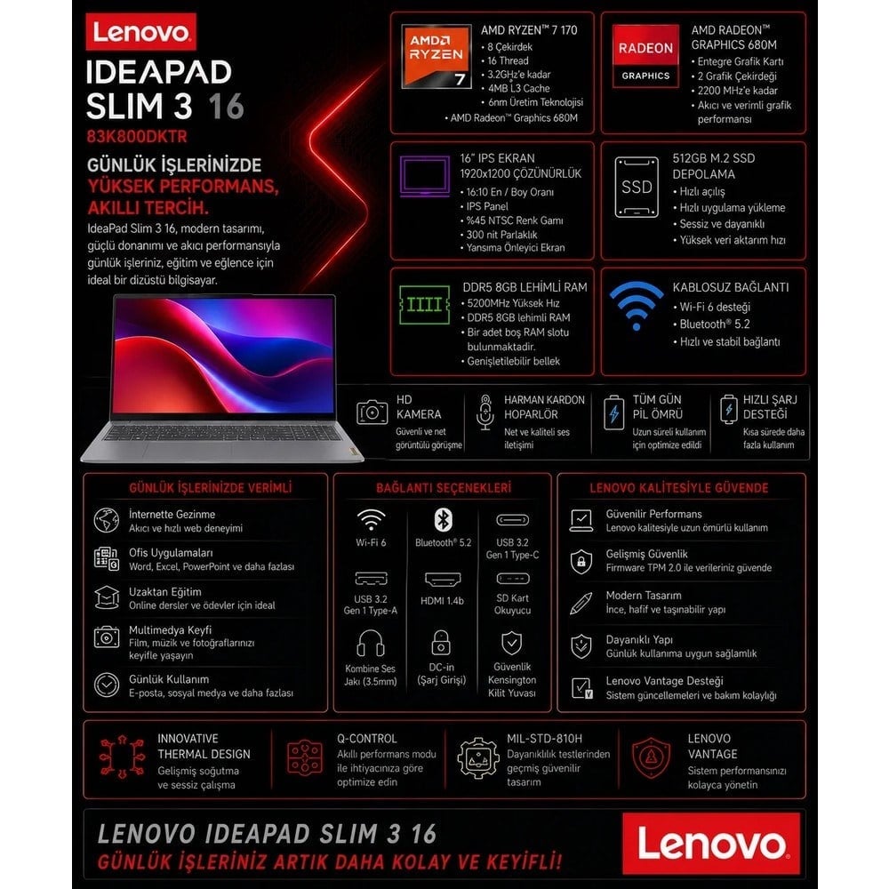 Lenovo Ideapad Slim 3 16ARP10 Amd Ryzen 7 170 8gb Ram 1tb SSD 16