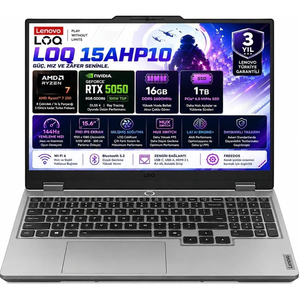 Lenovo LOQ 15AHP10 AMD Ryzen 7-250 16GB DDR5 1TB SSD RTX 5050 8GB 100W 15.6 Inç Full HD 144Hz IPS Freedos Gaming Laptop (83JG00BMTR)