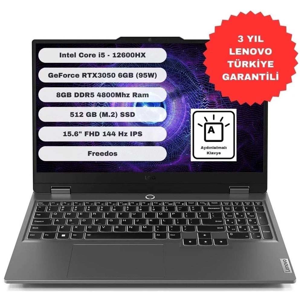 Lenovo Loq 15IAX9 83GS00PDTR Intel Core I5-12600HX 8gb 512GB SSD RTX3050-6GB 15.6