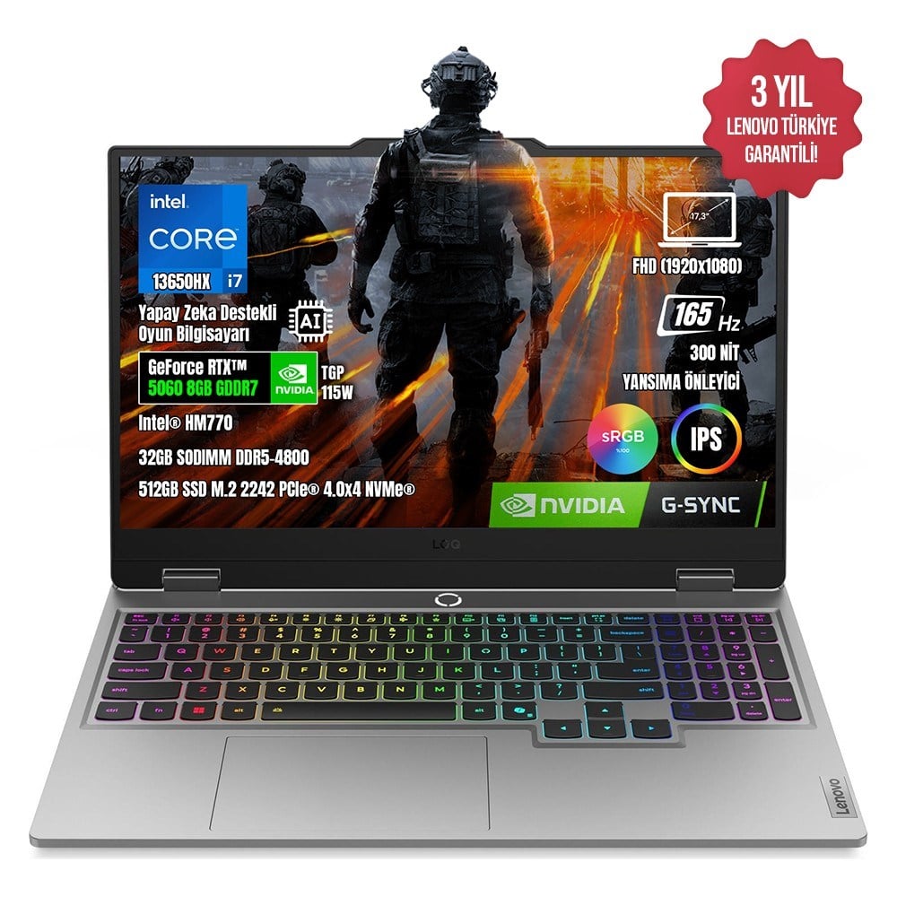 Lenovo Loq 17IRX10 83JH006ETR-08 I7-13650HX 32GB Ddr5 512GB SSD RTX5060 8gb 17.3