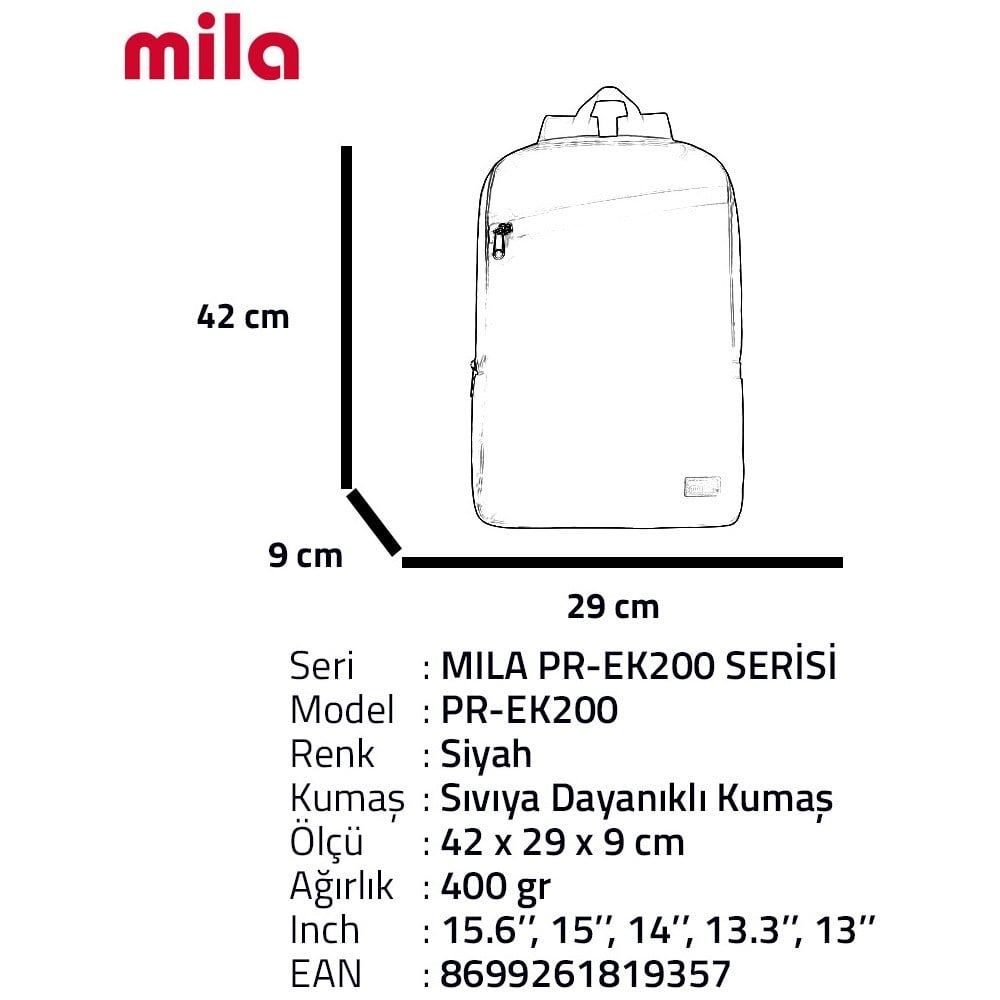 Mila Classone PR-EK200 15,60-17,3 inch Uyumlu Mila Serisi Laptop , Notebook Sırt Çantası - Siyah