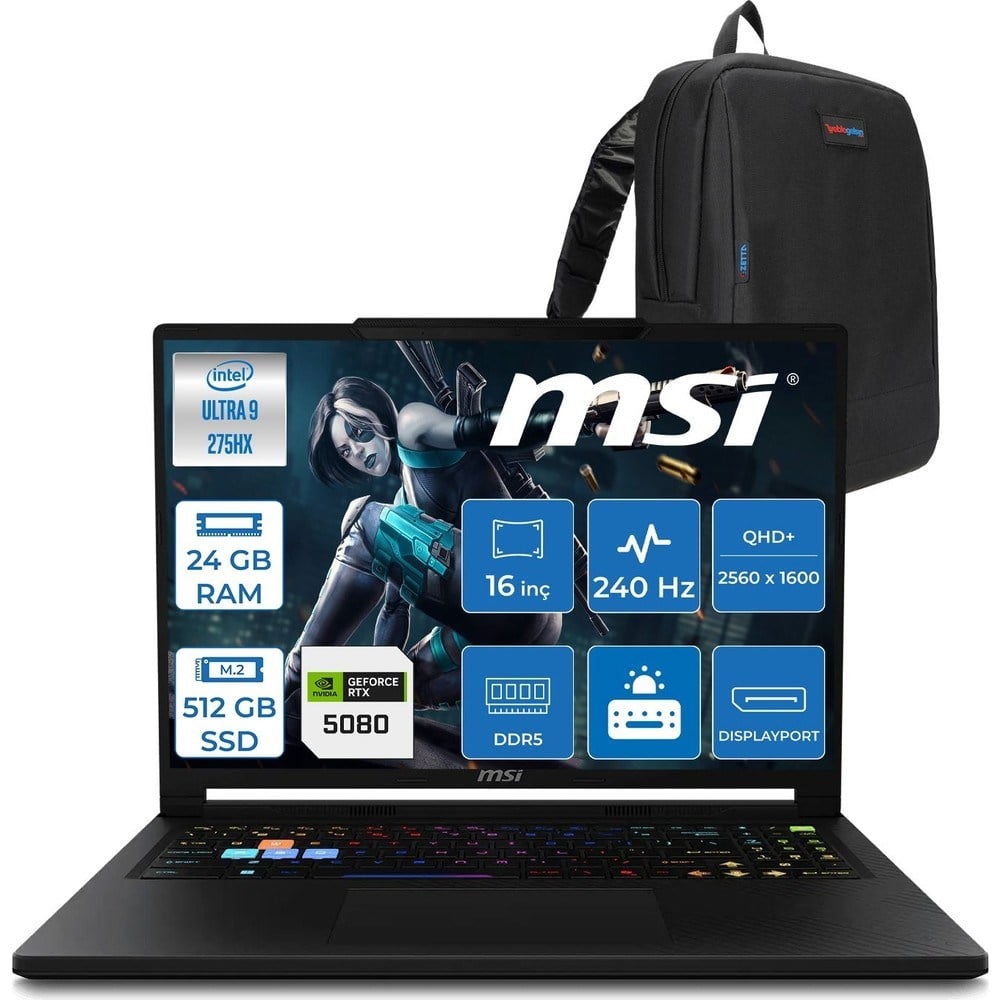 MSI Msı Raider 16 Hx B2WI-021TR Intel Ultra 9 275HX Aı 24GB Ddr5 512GB SSD 16GB/RTX5080 175W 16