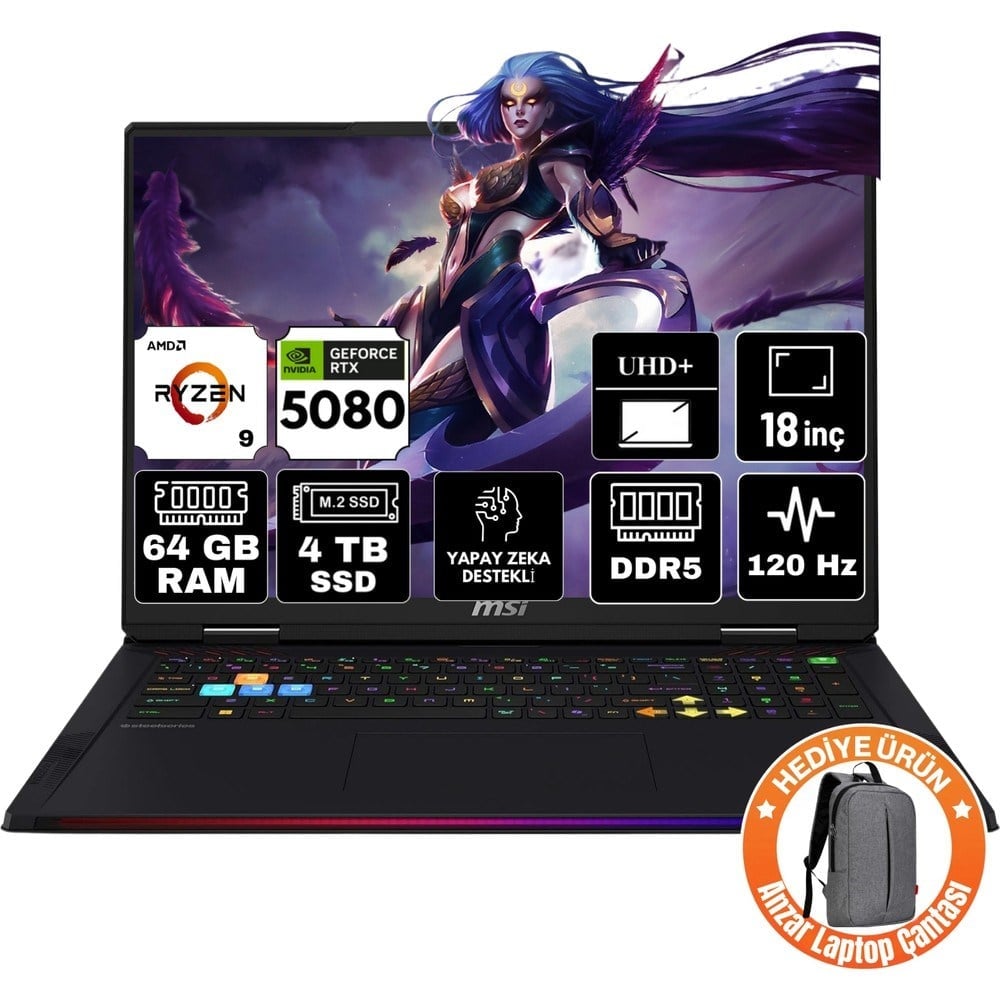 MSI Msı Raıder A18 Hx Amd Ryzen 9 9955HX3D 64GB 4tb SSD RTX5080 16GB Windows 11 Pro 18