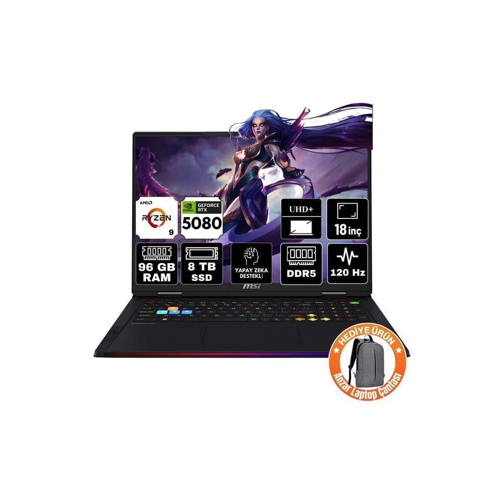 MSI Msı Raıder A18 Hx Amd Ryzen 9 9955HX3D 96GB 8tb SSD RTX5080 16GB Freedos 18