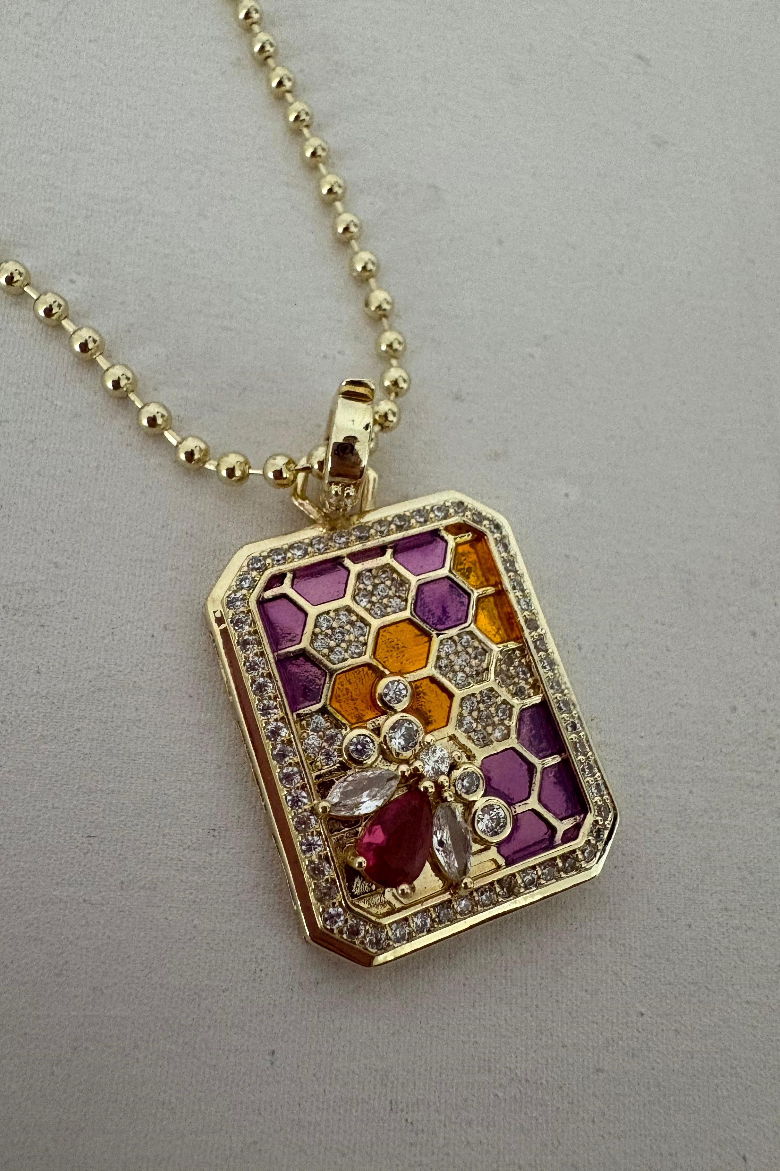 Lila Bal Peteği Model Uçlu  Kolye