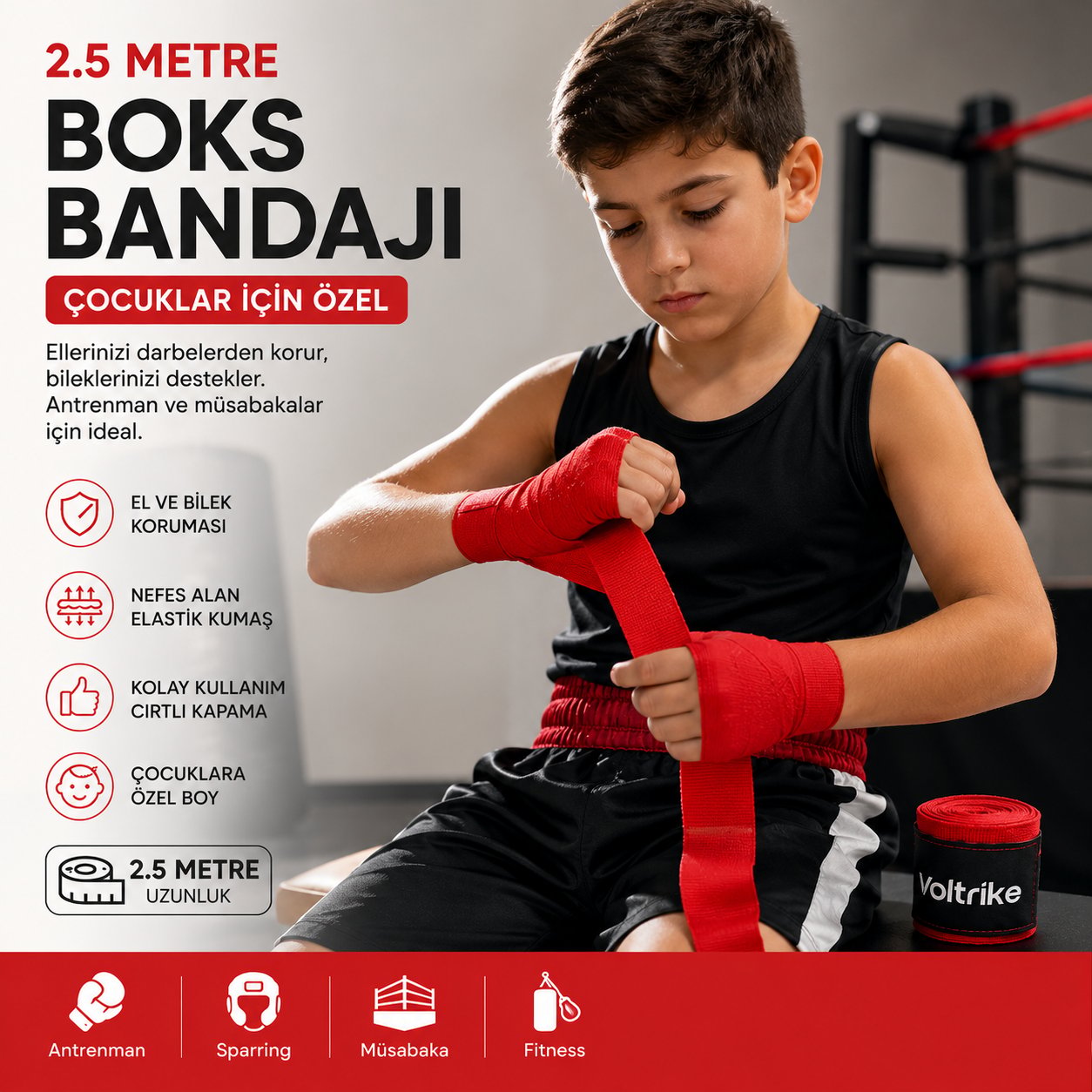 Voltrike Çocuk Boks-Kickbox-Muay Thai-Sanda El Bandajı  Kırmızı  2.5 Metre