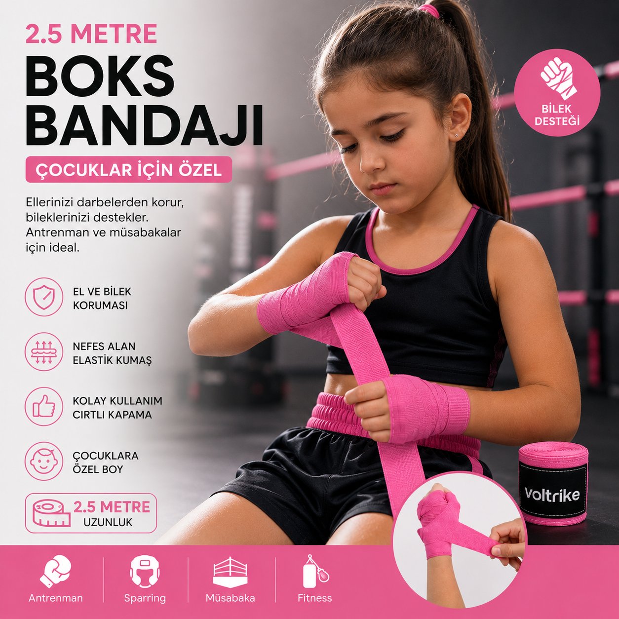 Voltrike Çocuk Boks-Kickbox-Muay Thai-Sanda El Bandajı Pembe 2.5 Metre