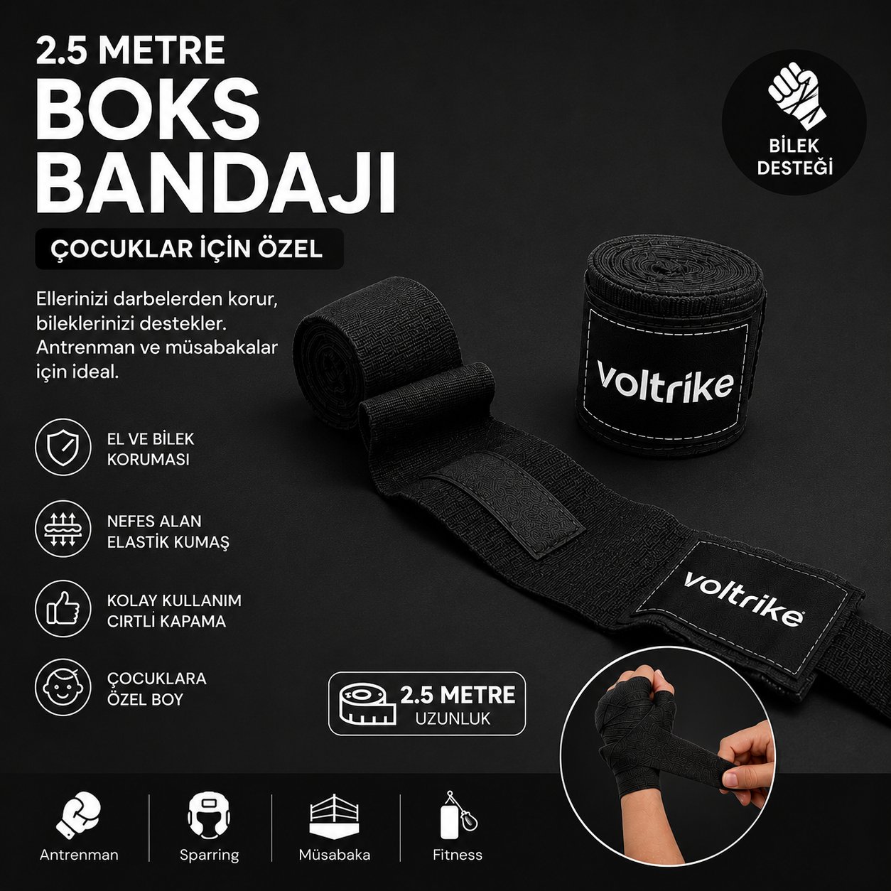 Voltrike Çocuk Boks-Kickbox-Muay Thai-Sanda El Bandajı  Siyah 2.5 Metre
