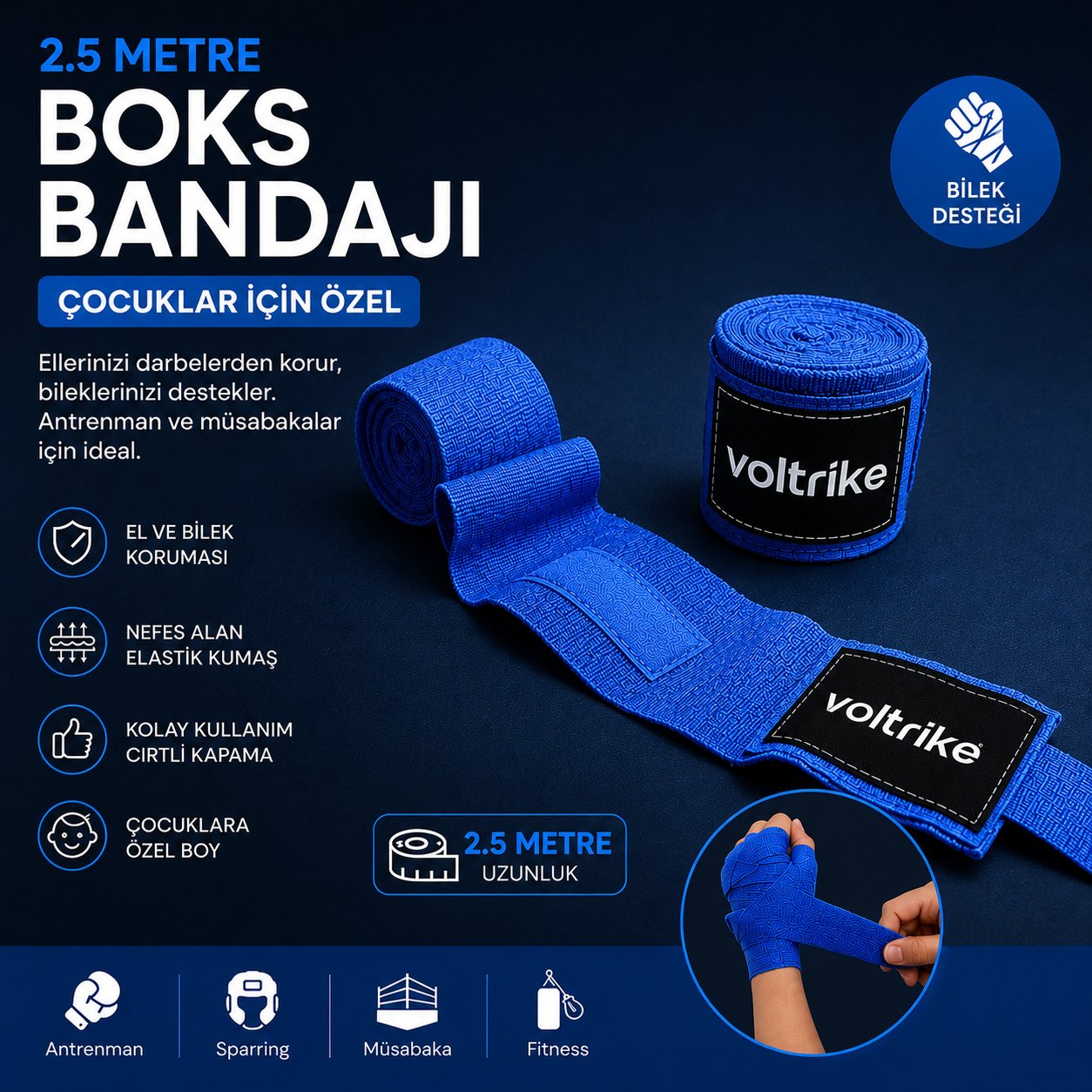 Voltrike Çocuk Boks-Kickbox-Muay Thai-Sanda El Bandajı  Mavi 2.5 Metre