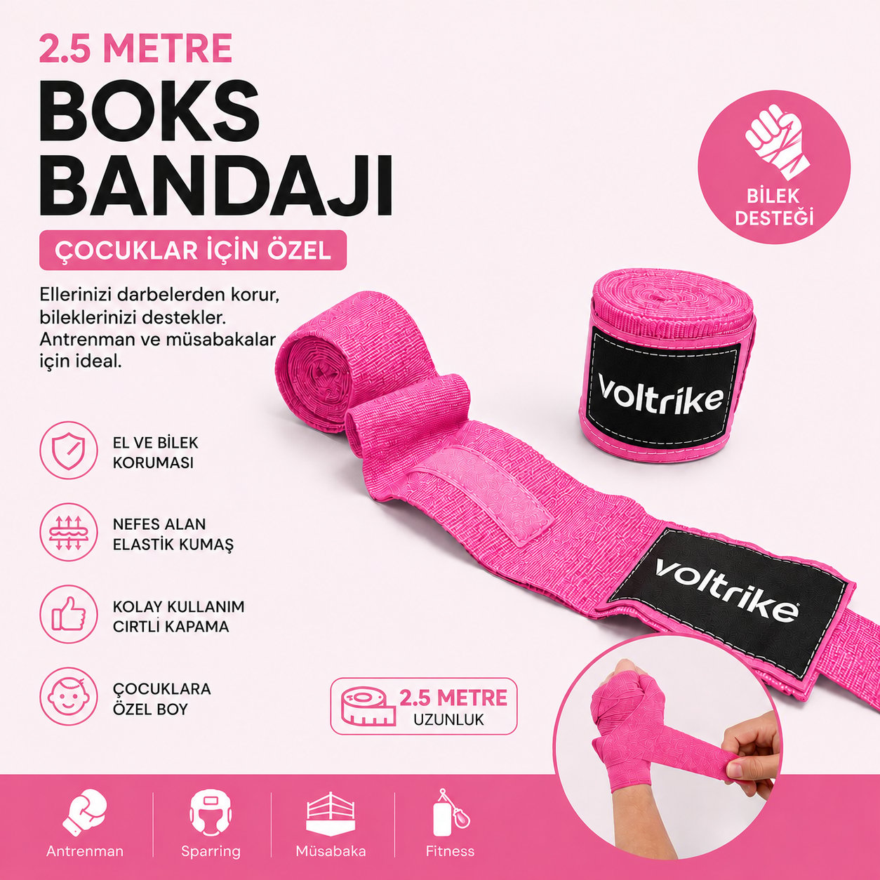 Voltrike Çocuk Boks-Kickbox-Muay Thai-Sanda El Bandajı Pembe 2.5 Metre