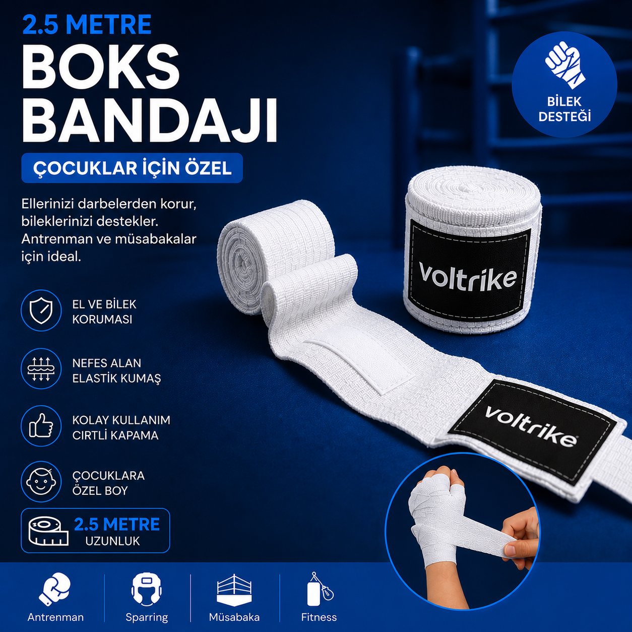 Voltrike Çocuk Boks-Kickbox-Muay Thai-Sanda El Bandajı  Beyaz  2.5 Metre
