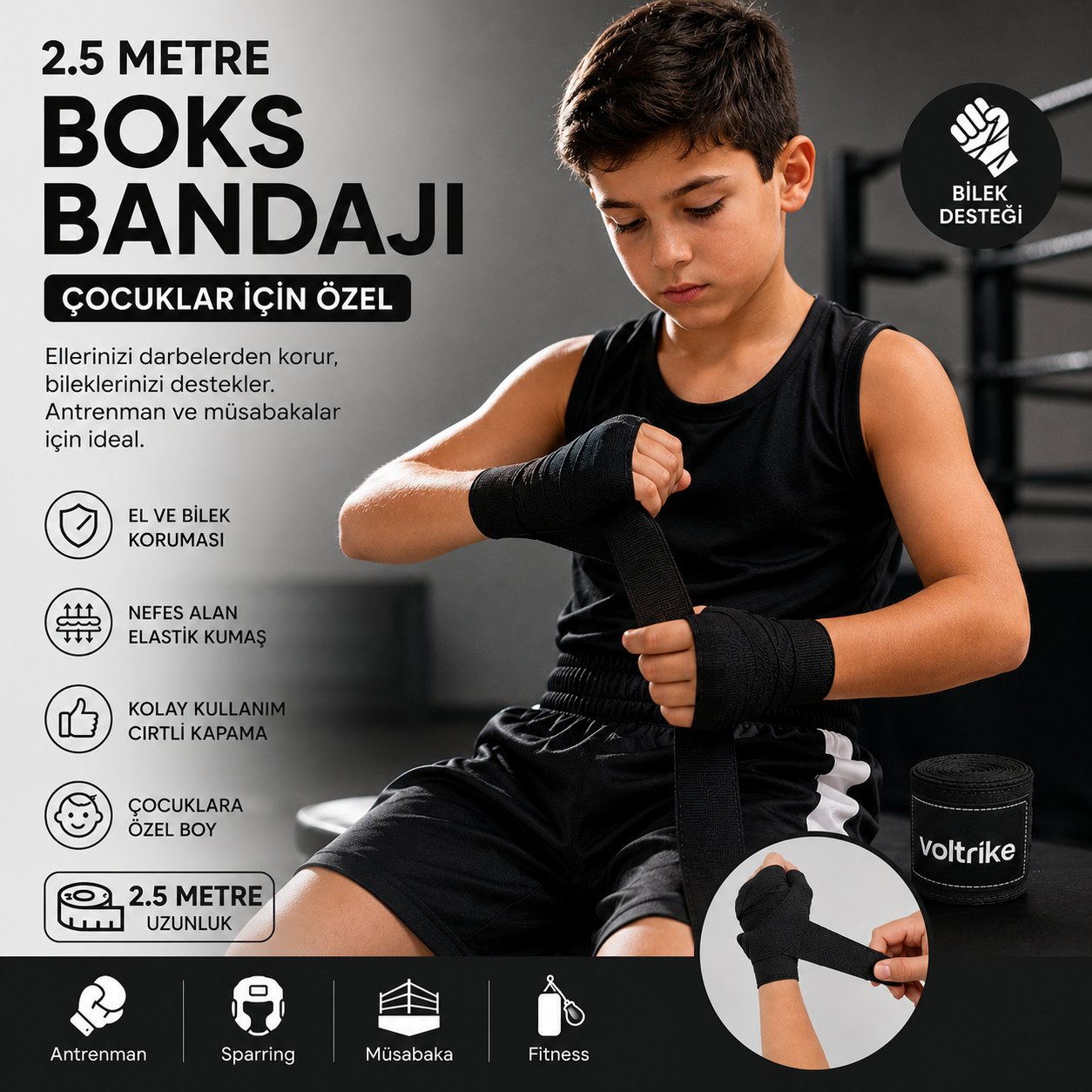 Voltrike Çocuk Boks-Kickbox-Muay Thai-Sanda El Bandajı  Siyah 2.5 Metre
