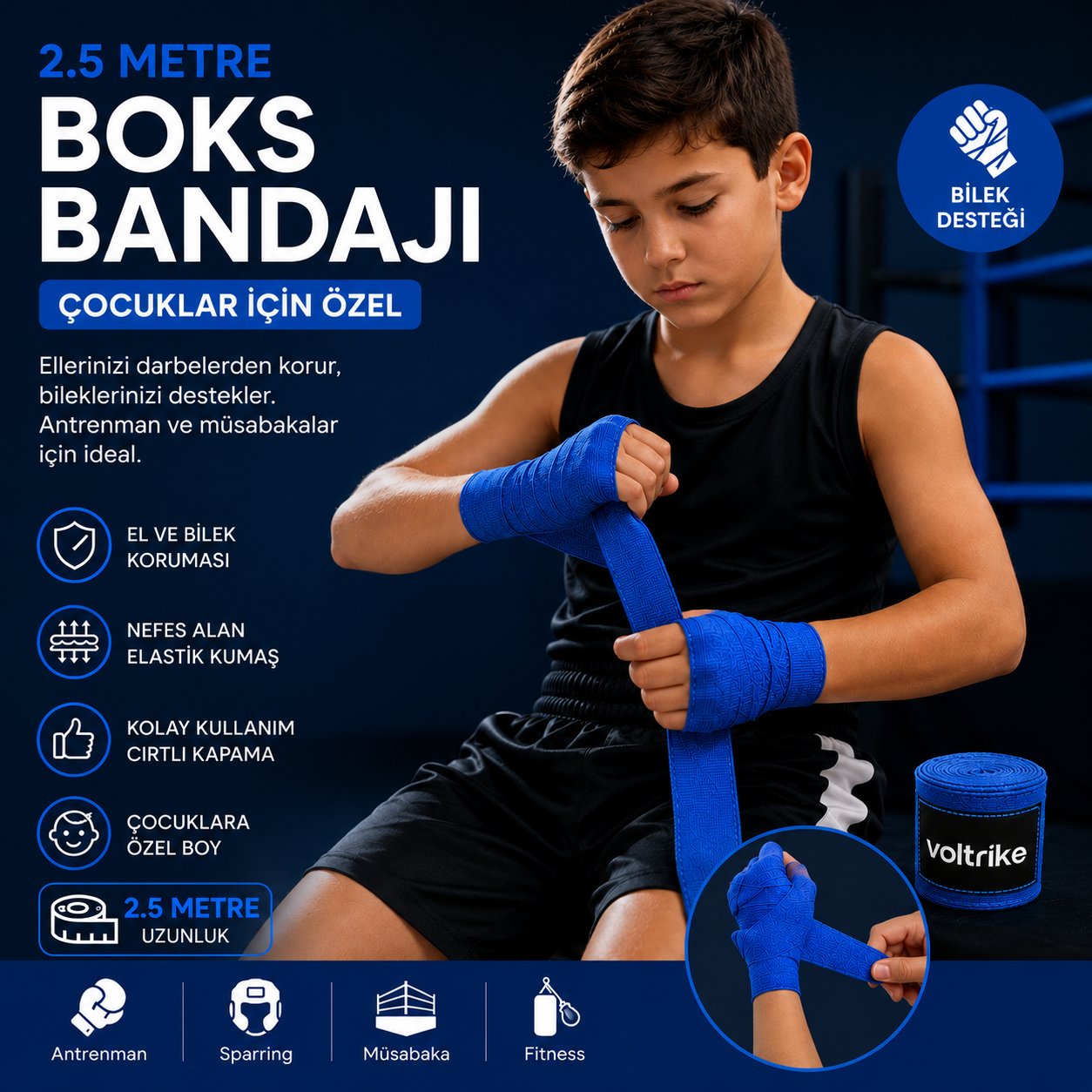 Voltrike Çocuk Boks-Kickbox-Muay Thai-Sanda El Bandajı  Mavi 2.5 Metre