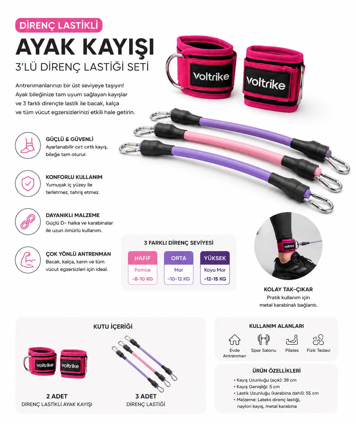 Voltrike Direnç Lastikli Ayak Kayışı Pembe