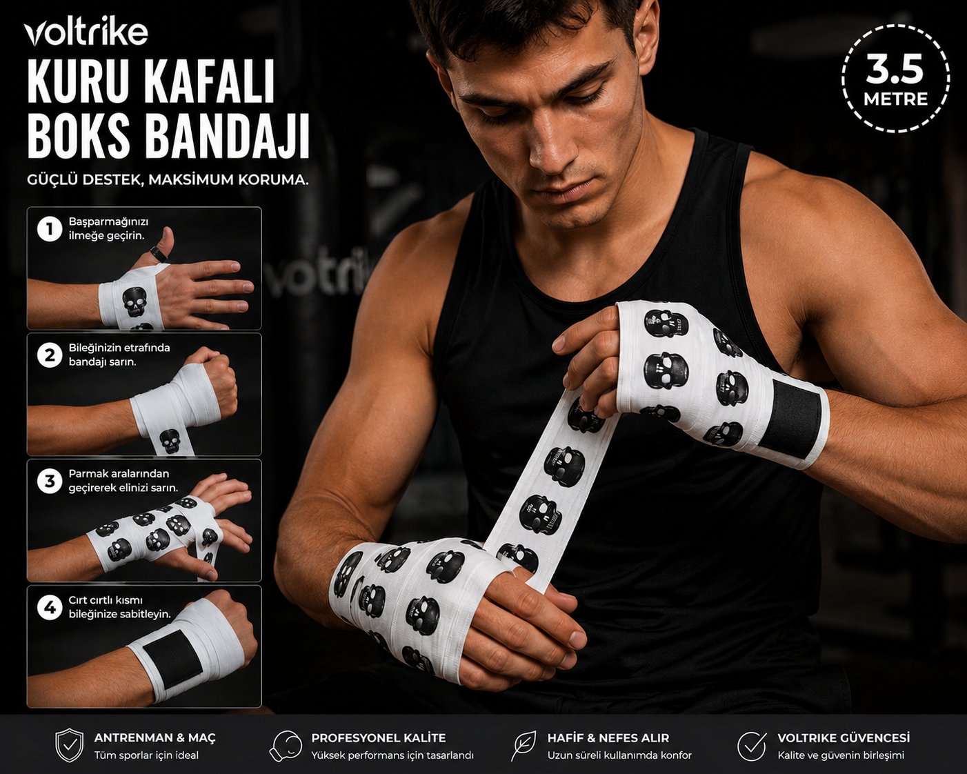 Voltrike Kuru Kafalı Boks-Kickbox-Muay Thai-Sanda El Bandajı Beyaz 3.5 Metre