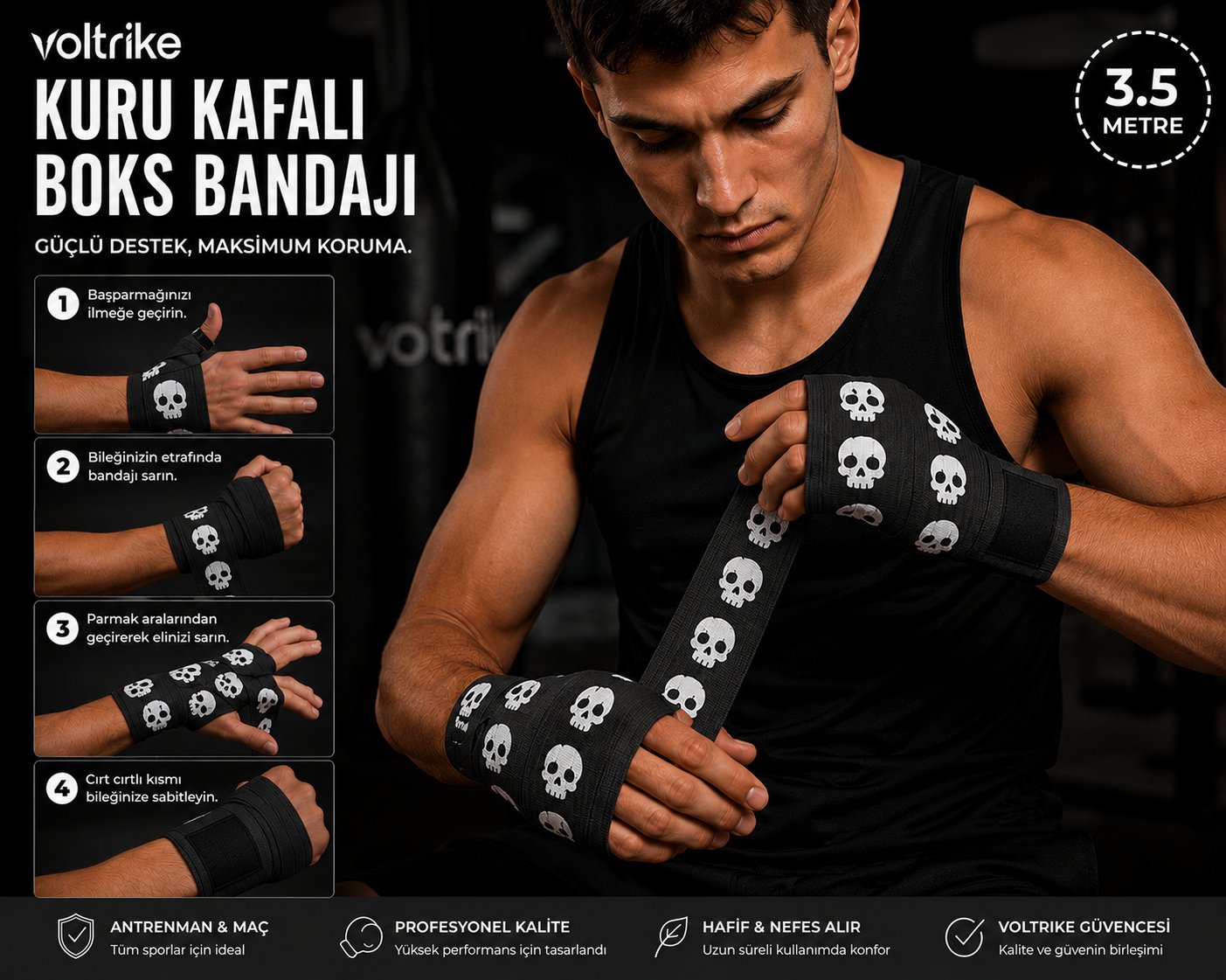Voltrike Kuru Kafalı Boks-Kickbox-Muay Thai-Sanda El Bandajı Siyah 3.5 Metre