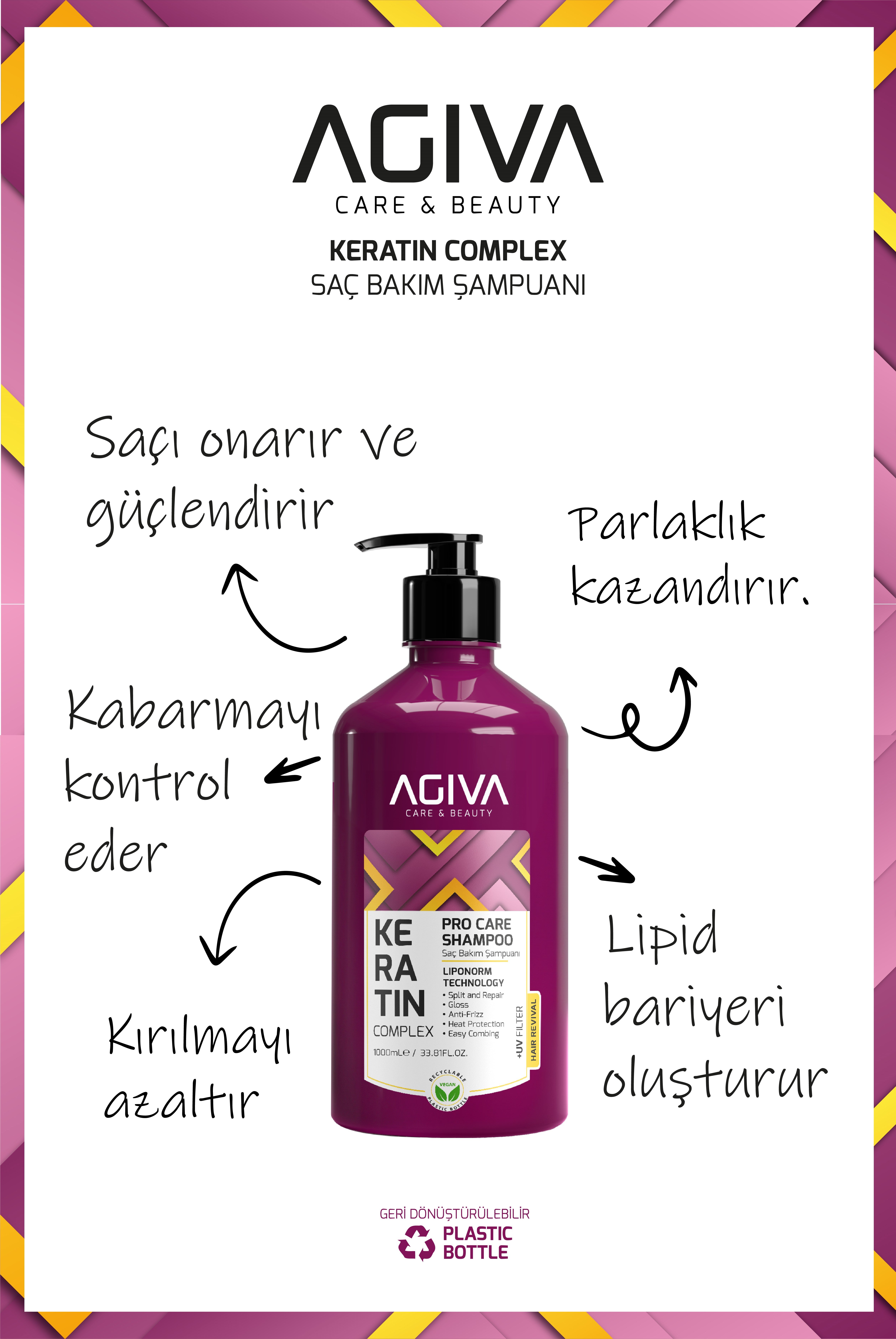 agiva Keratin Complex Pro Care Onarıcı ve Isı Koruyucu Saç Bakım Şampuanı - 1000 ml