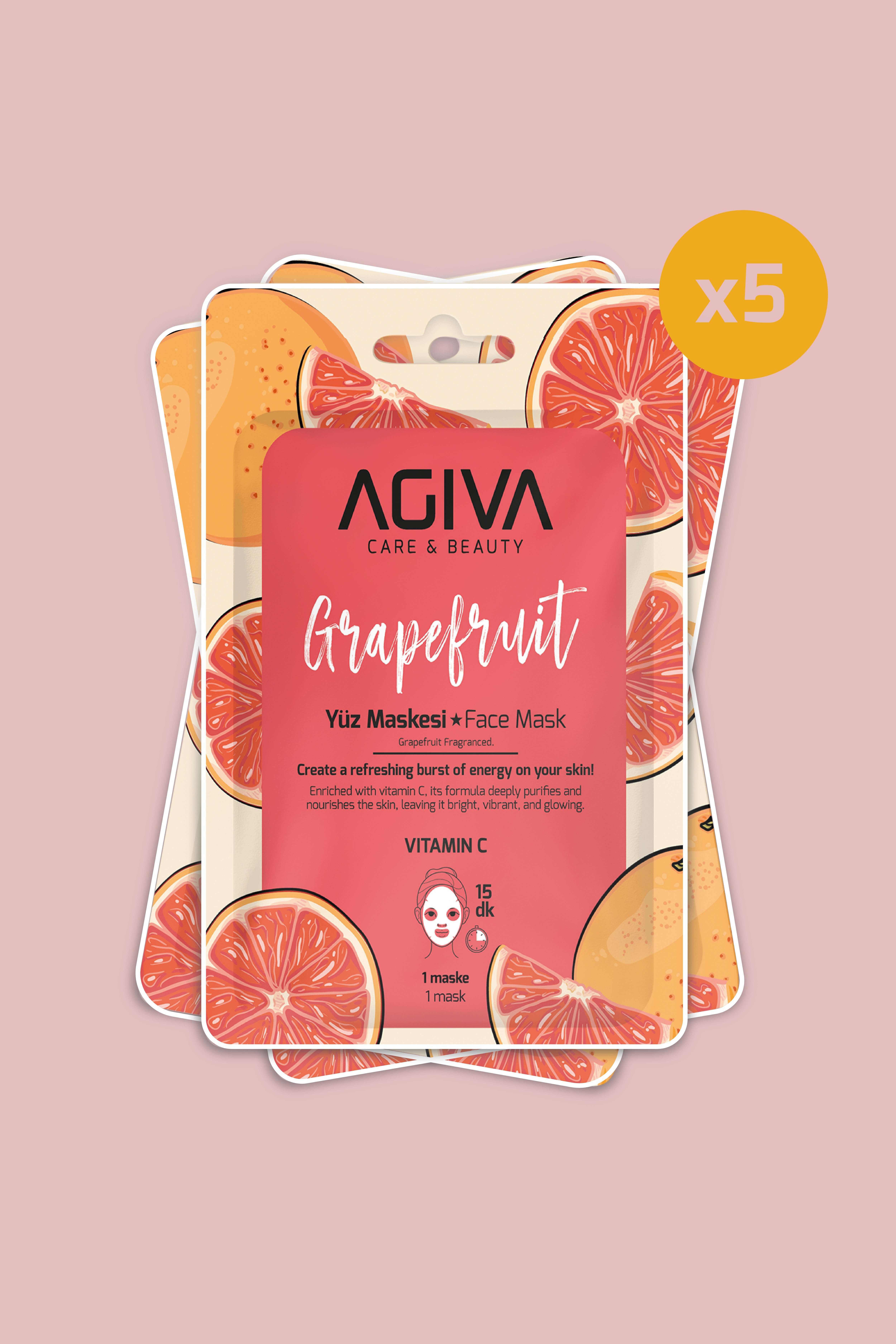 Greyfurt C Vitamini İçeren Canlandırıcı Kağıt Yüz Maskesi 5'li Set - Aydınlatıcı Etki