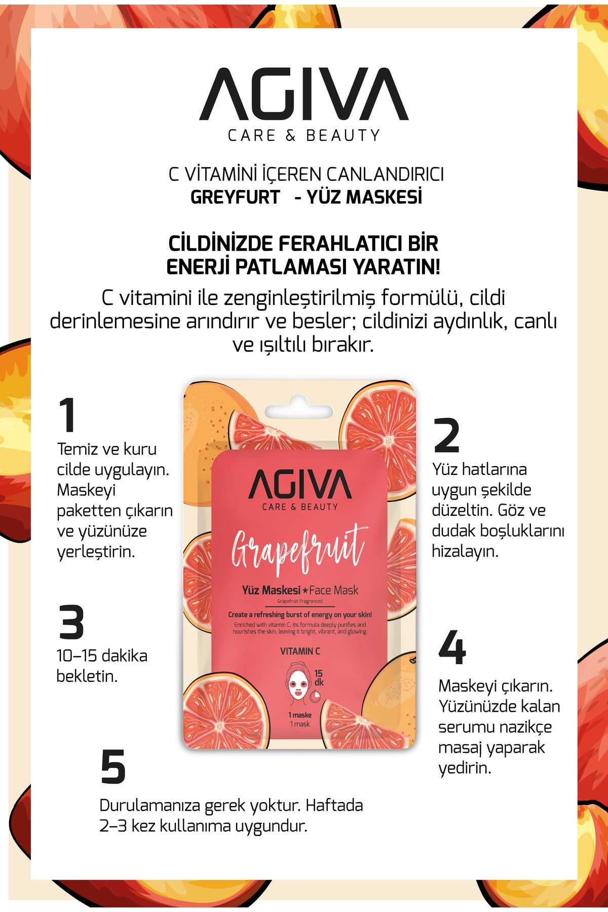 Greyfurt C Vitamini İçeren Canlandırıcı Kağıt Yüz Maskesi 5'li Set - Aydınlatıcı Etki