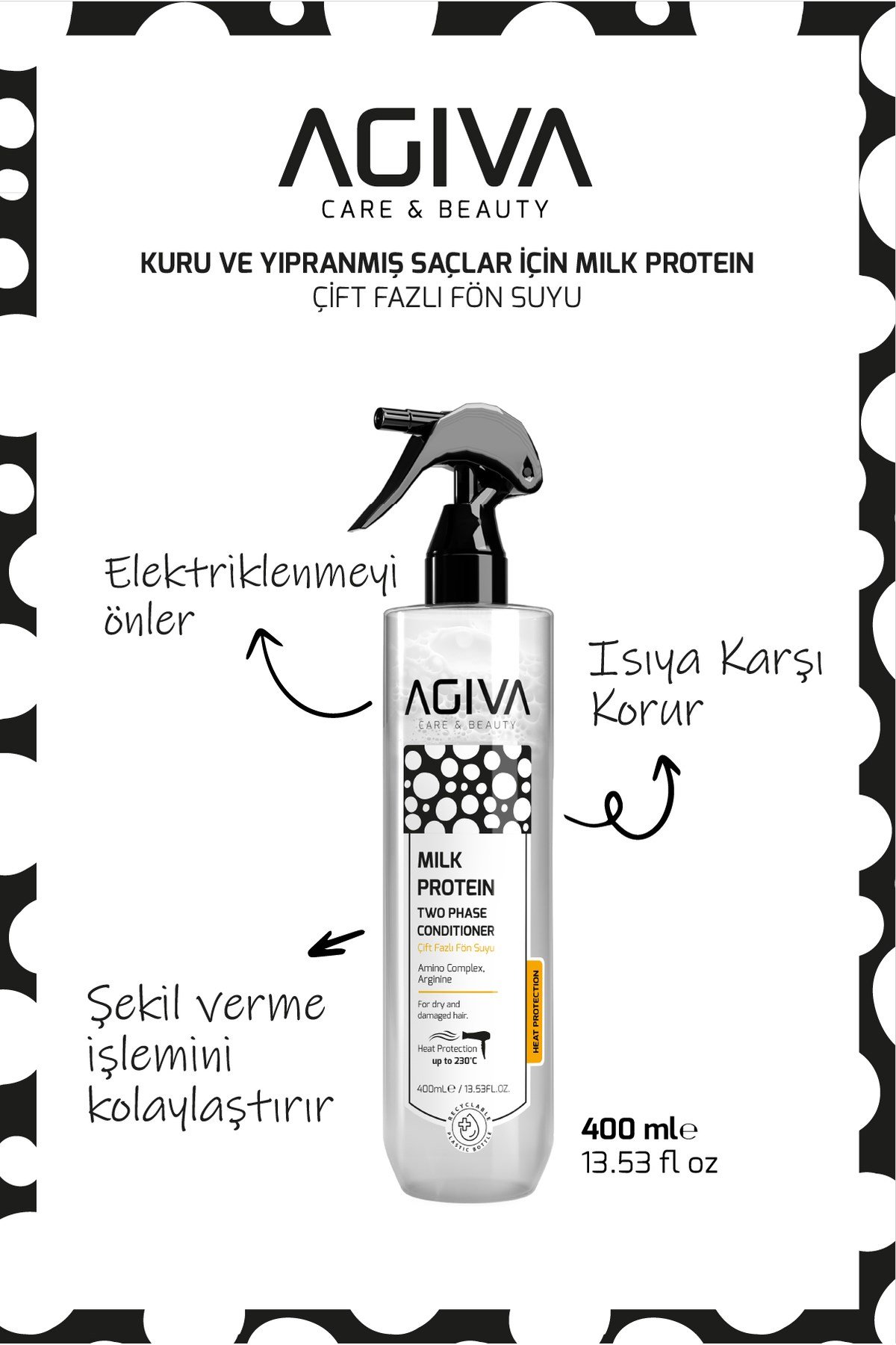 Milk Protein Kuru ve Yıpranmış Saçlar İçin Isı Koruyuculu Çift Fazlı Fön Suyu