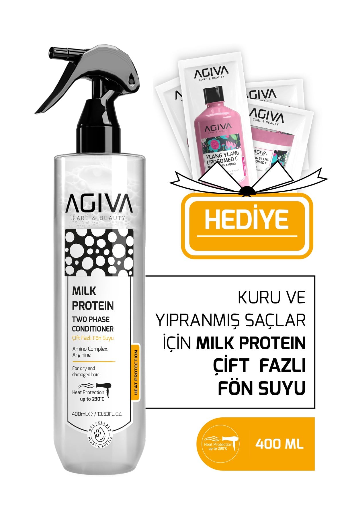 Milk Protein Kuru ve Yıpranmış Saçlar İçin Isı Koruyuculu Çift Fazlı Fön Suyu