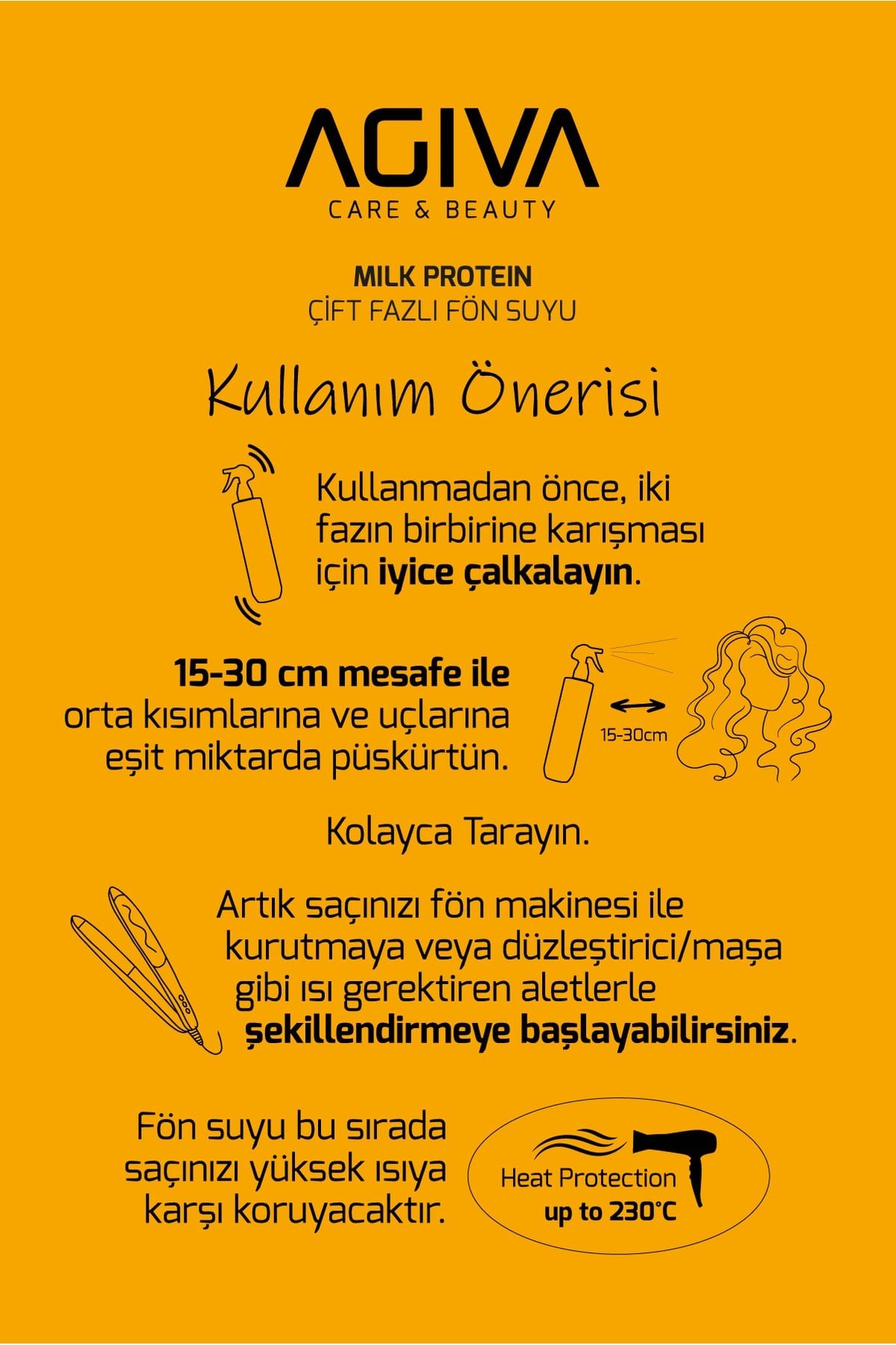 Milk Protein Kuru ve Yıpranmış Saçlar İçin Isı Koruyuculu Çift Fazlı Fön Suyu