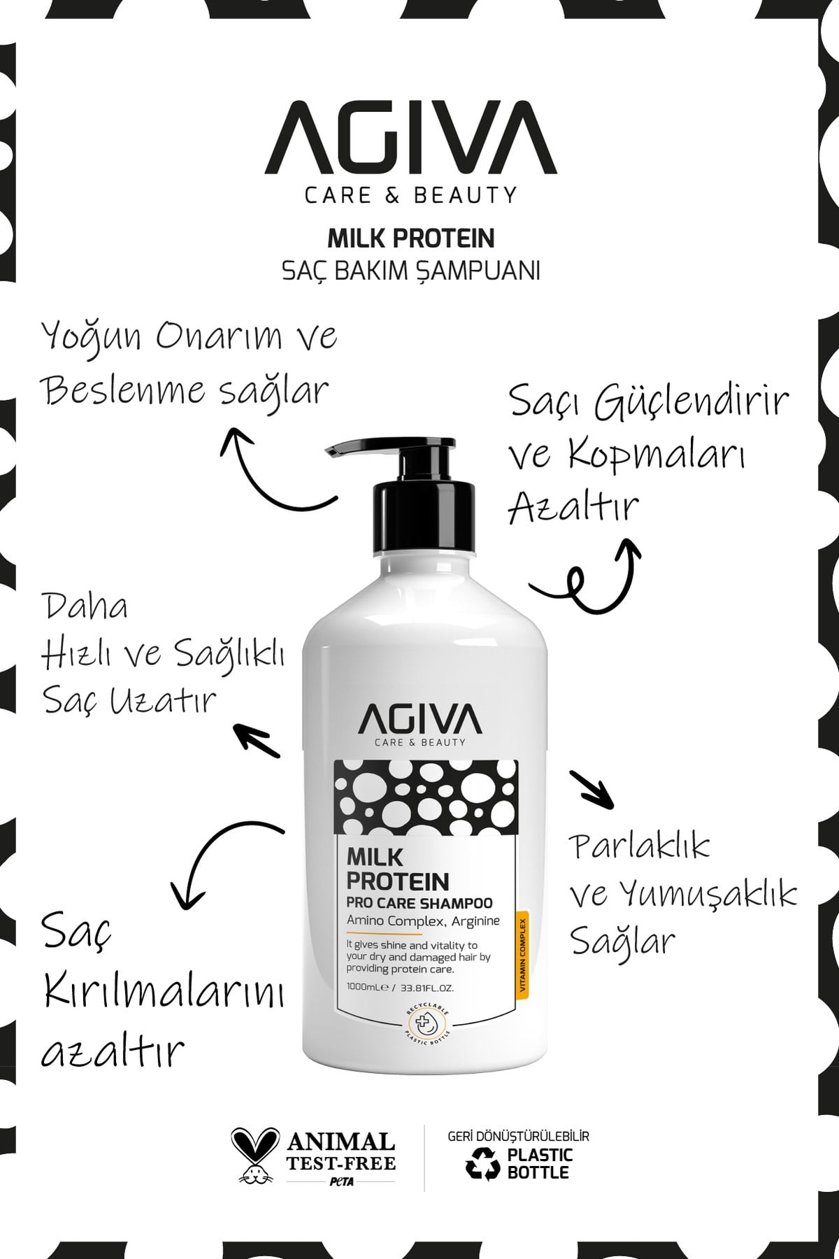 Milk Protein Saç Bakım Şampuanı 1000 ml – Agiva Care & Beauty Kuru Yıpranmış Saçlar Amino Complex