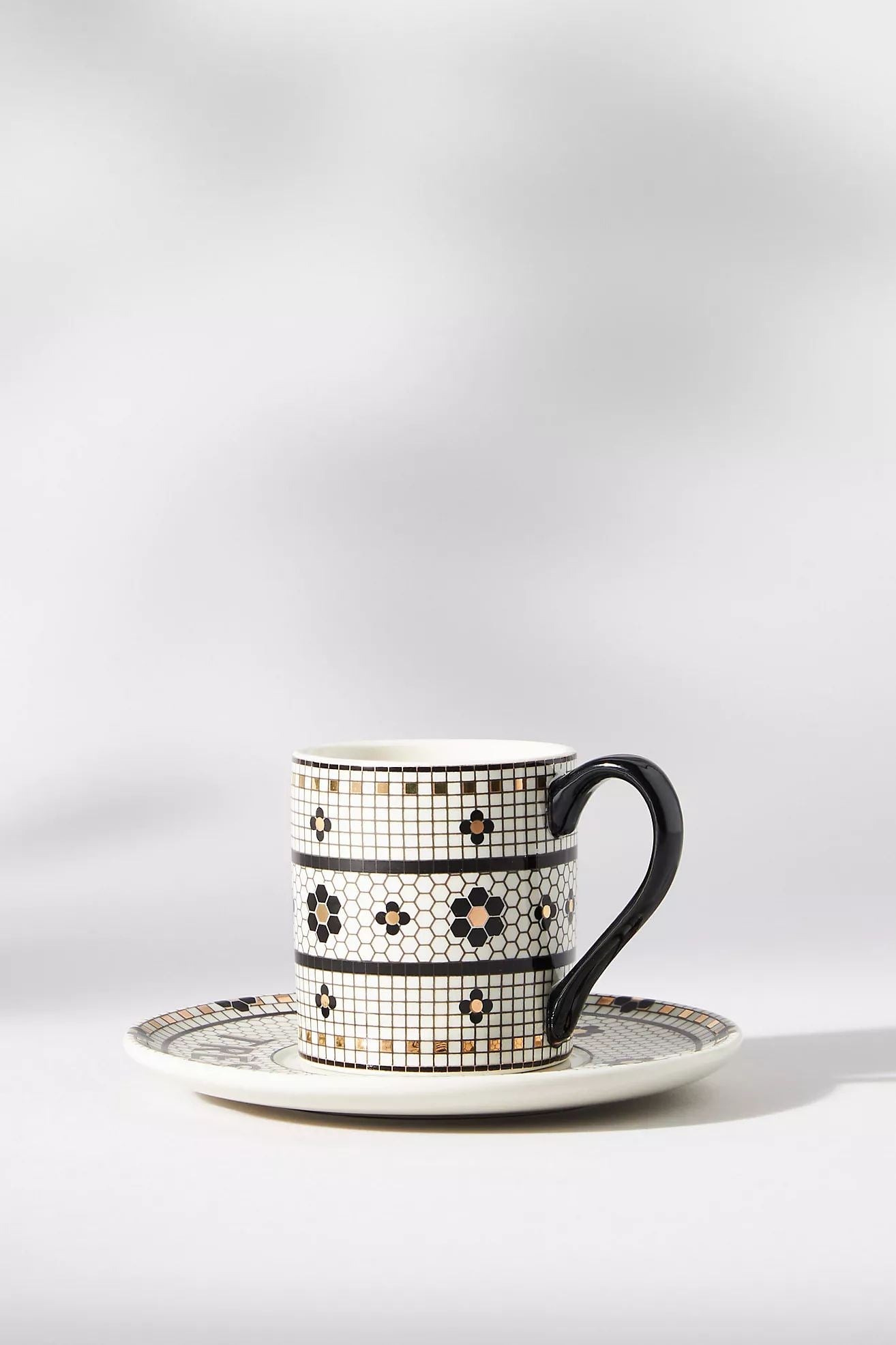 Bistro Tile Stoneware 24k Gold Accent Espresso Cup & Saucer