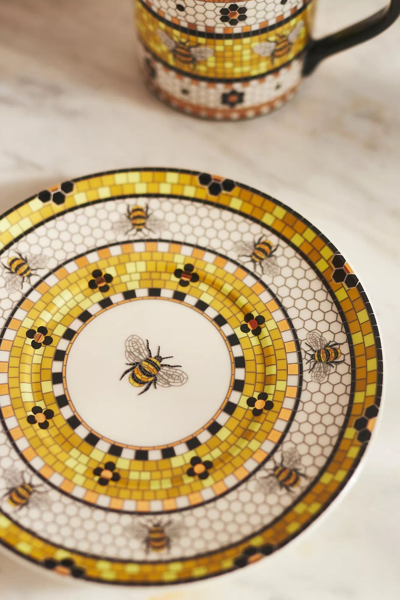 Bistro Tile Stoneware 24k Gold Accent Espresso Cup & Saucer: Garden Editio