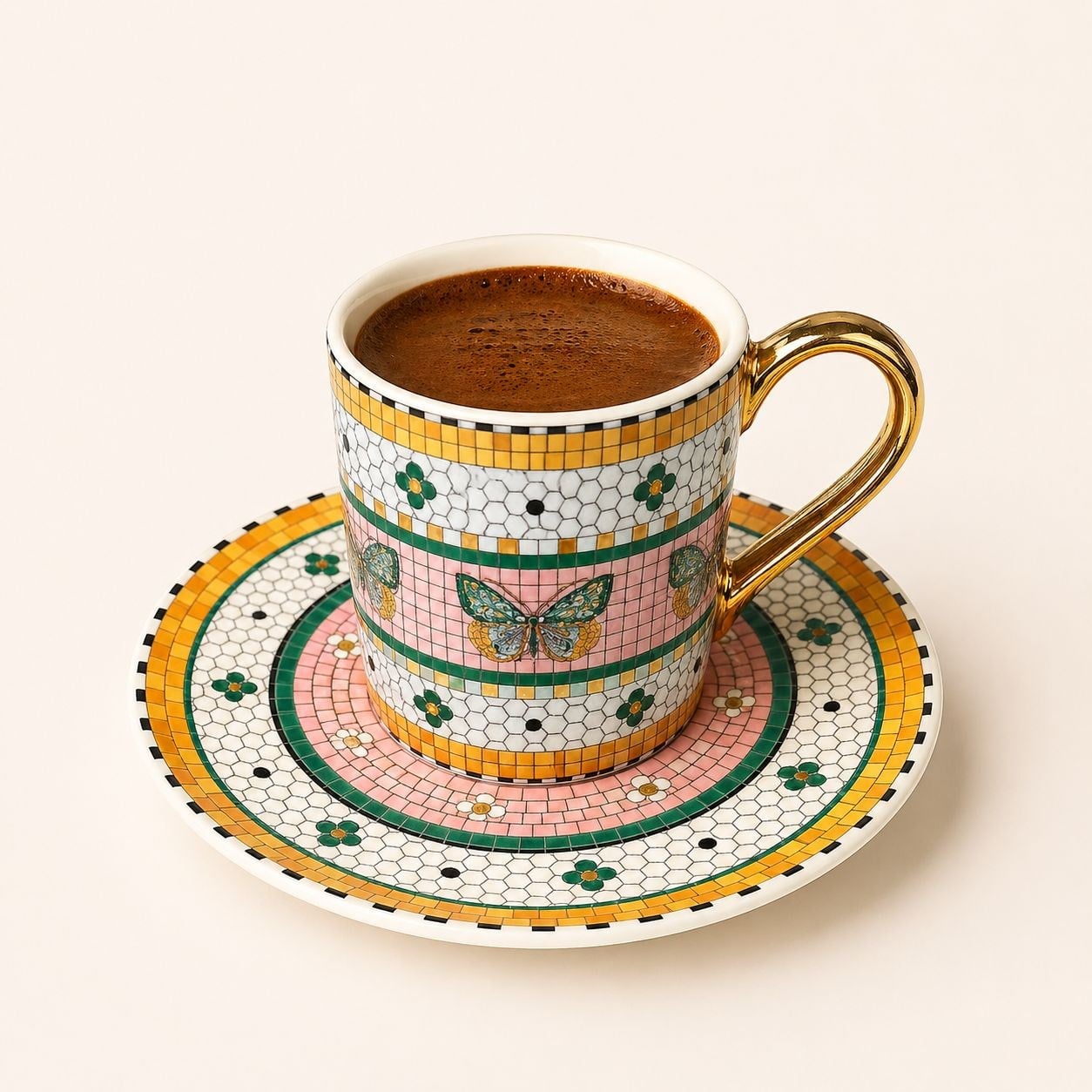 Bistro Tile Stoneware 24k Gold Accent Espresso Cup & Saucer: Garden Edition